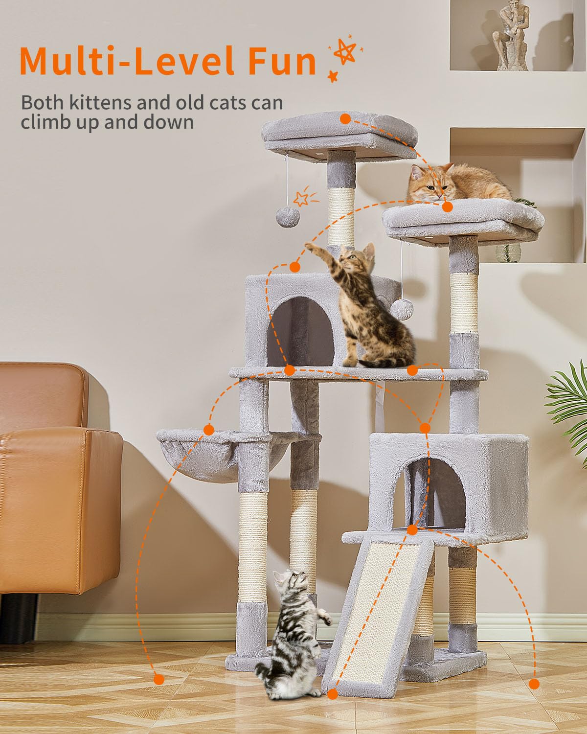 Taoqimiao 56.3-Inch Cat Tree with Scratching Posts - Multi-Level Cat Tower for Indoor Cats Featuring Hammocks, Toys, Condo & Large Scratch Board in Light Gray (MS012W) - Perfect for Small Spaces, Apartments & Playful Kittens