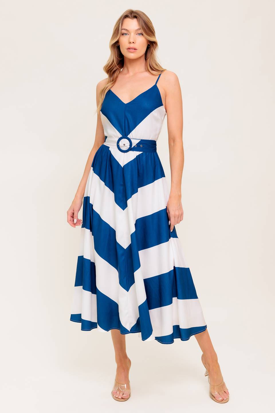 Stylish Coastal Charm Navy & White Midi Dress - Perfect for Beach Vacations, Summer Outings & Casual Elegance