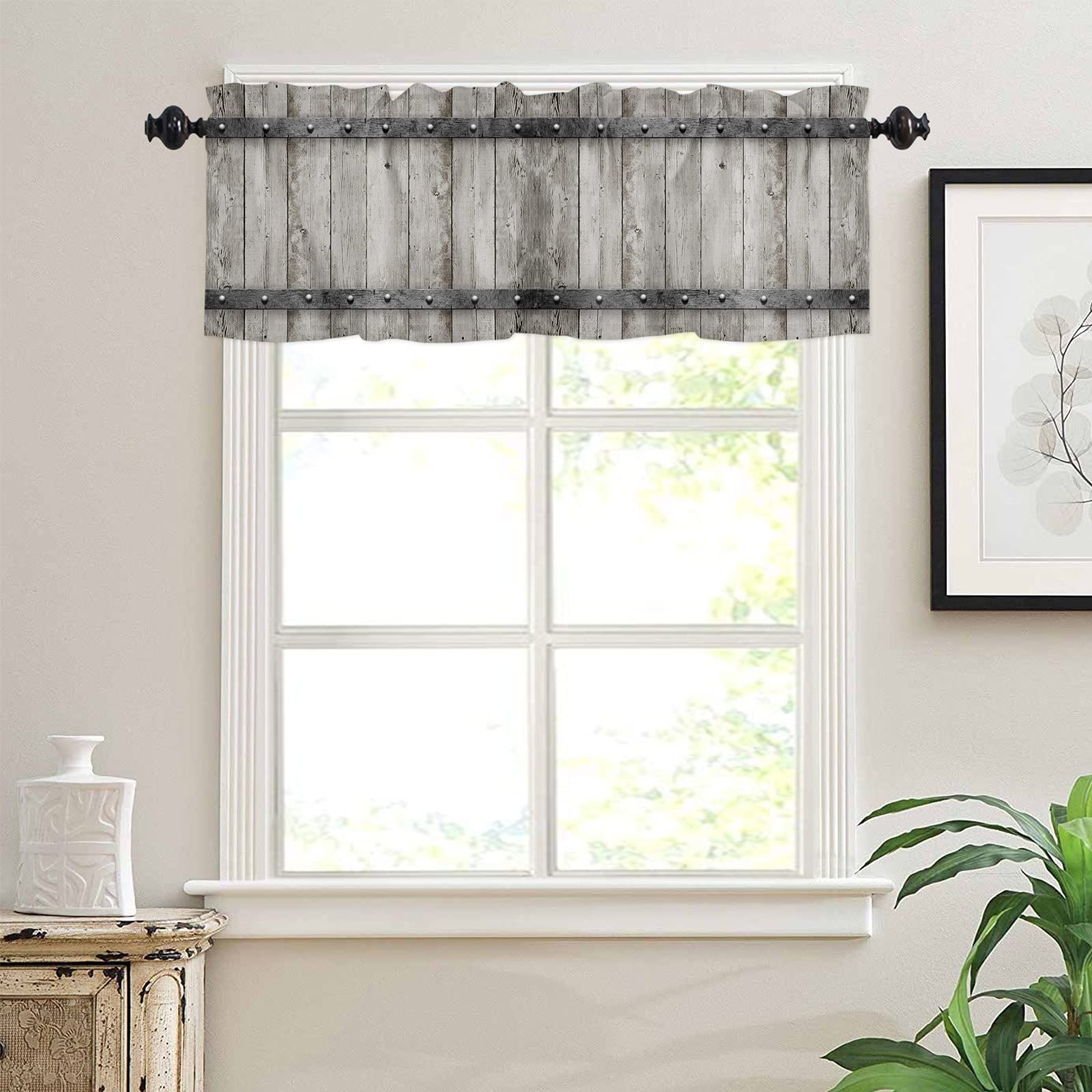 Rustic Farmhouse Valance Curtains 54x18 Inch - Wooden Barn Door Design, Rod Pocket Short Window Topper for Kitchen, Living Room, Bedroom - Perfect for Country Style Home Decor & Small Window Treatments