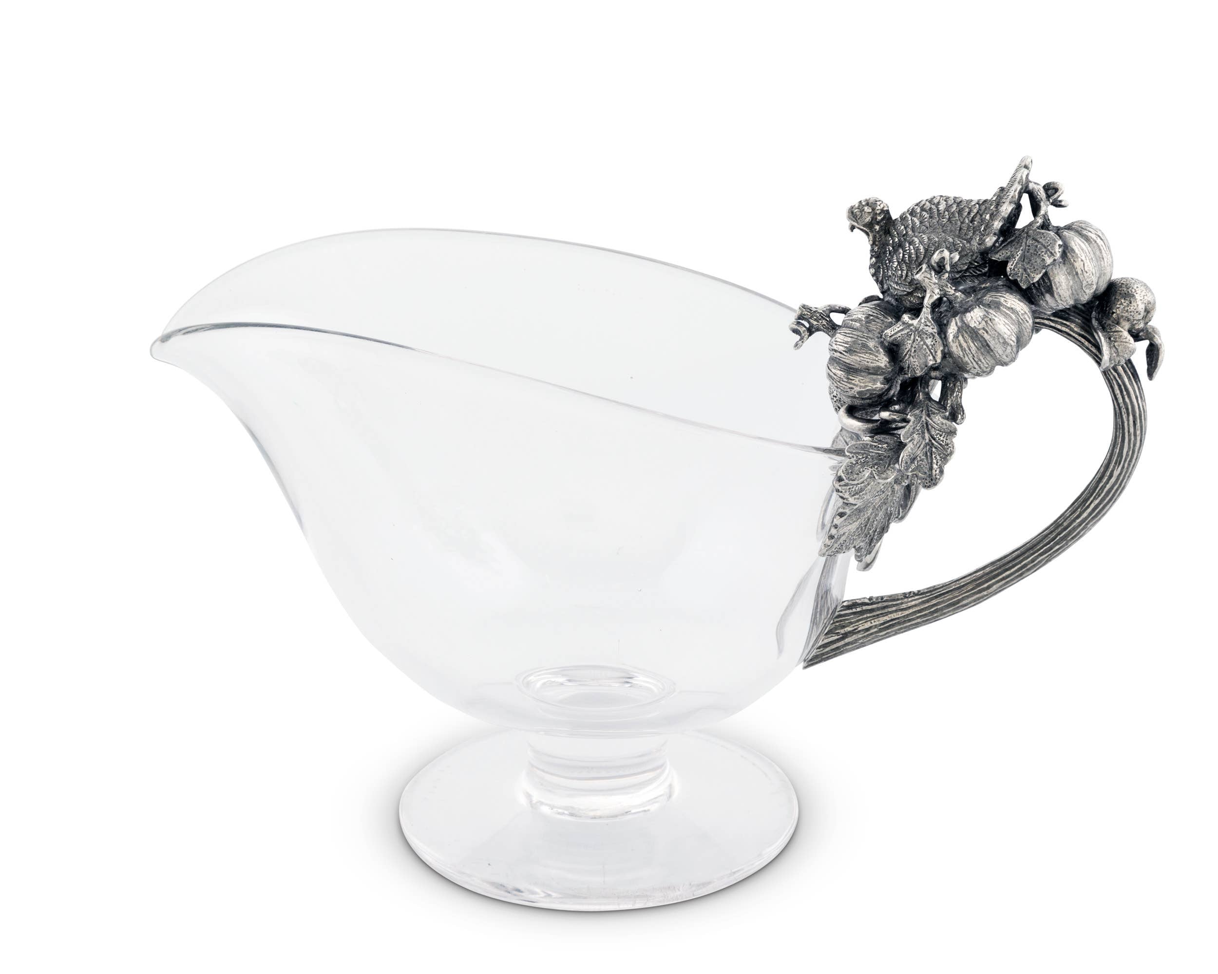 Hand Blown Glass Gravy Boat with Pewter Harvest Turkey Design - Elegant Thanksgiving Dinner Serving Dish for Holiday Meals & Family Gatherings