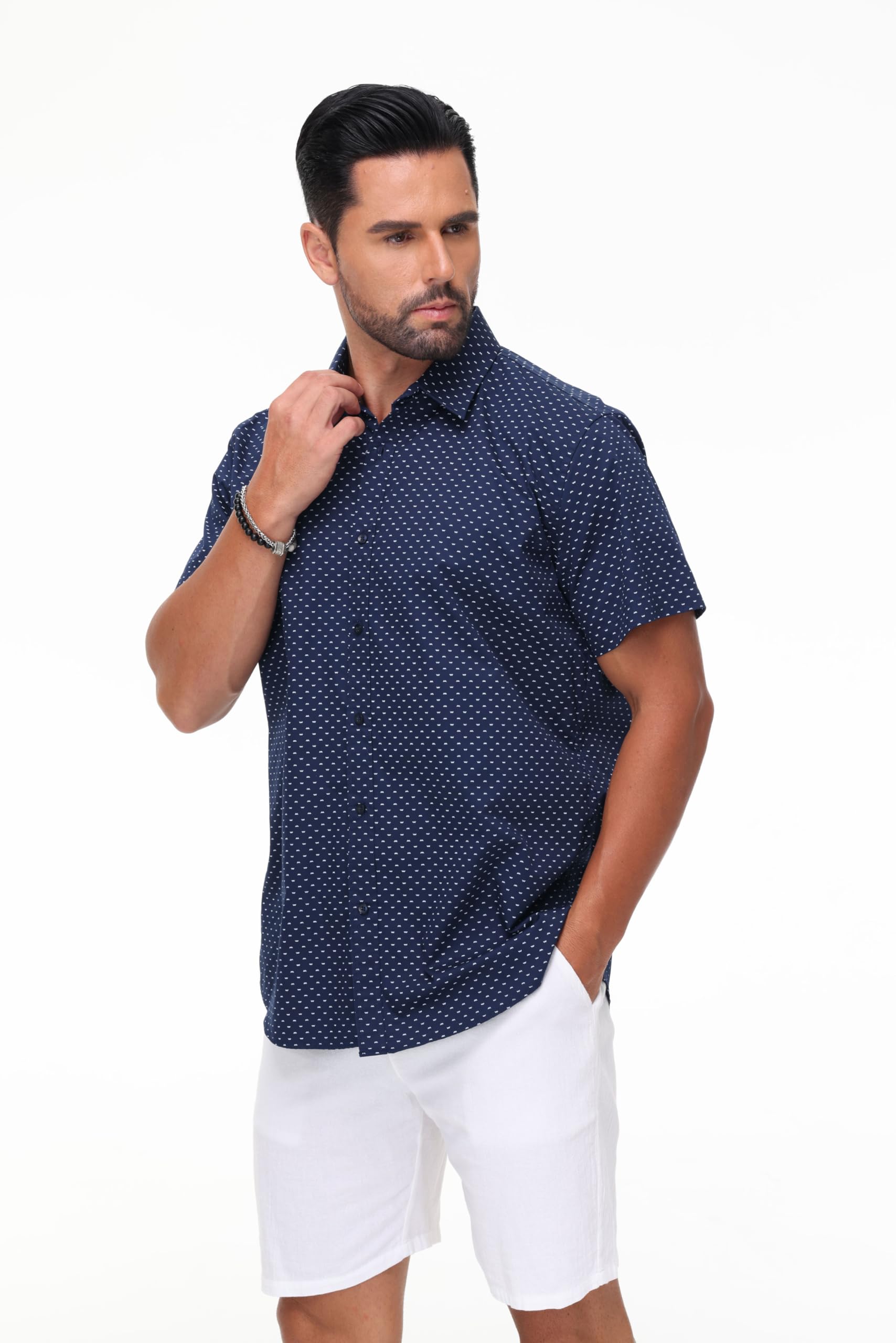 MUSE FATH Men's Printed Dress Shirt - 100% Cotton Casual Short Sleeve Button Down Shirt for Office, Party & Summer Wear | Regular Fit Comfortable Business Casual Shirt for Men