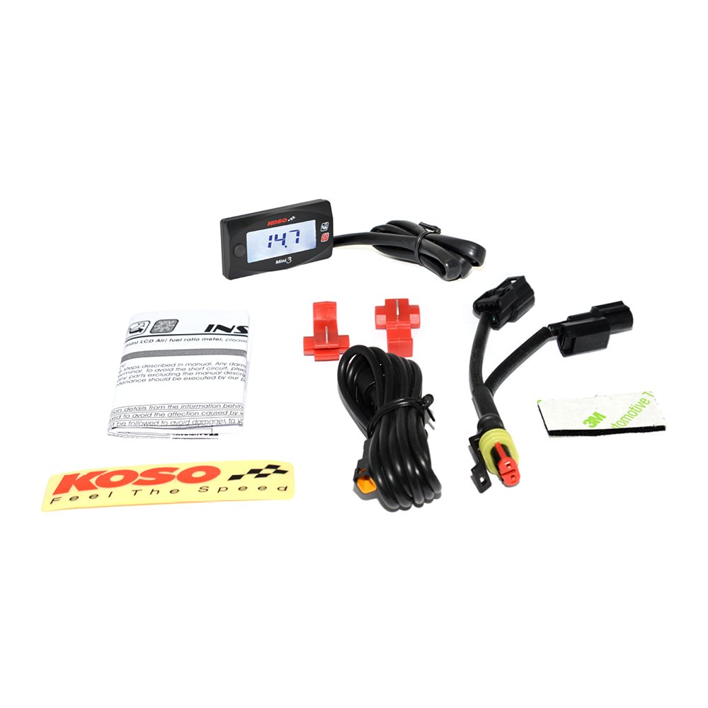 KOSO BA003211 Mini 3 Air/Fuel Ratio Gauge - Digital AFR Meter for Car, Motorcycle & ATV - Real-Time Fuel Mixture Monitoring for Performance Tuning & Engine Diagnostics
