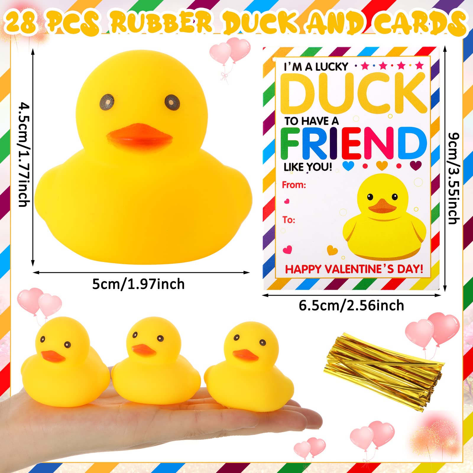 2 Inch 28 Sets Valentine's Day Rubber Duck Gift Set with Greeting Cards - Bulk Mini Rubber Ducks for Kids, Classroom Exchange, Party Favors | Perfect for Valentine's School Activities & Gift Giving