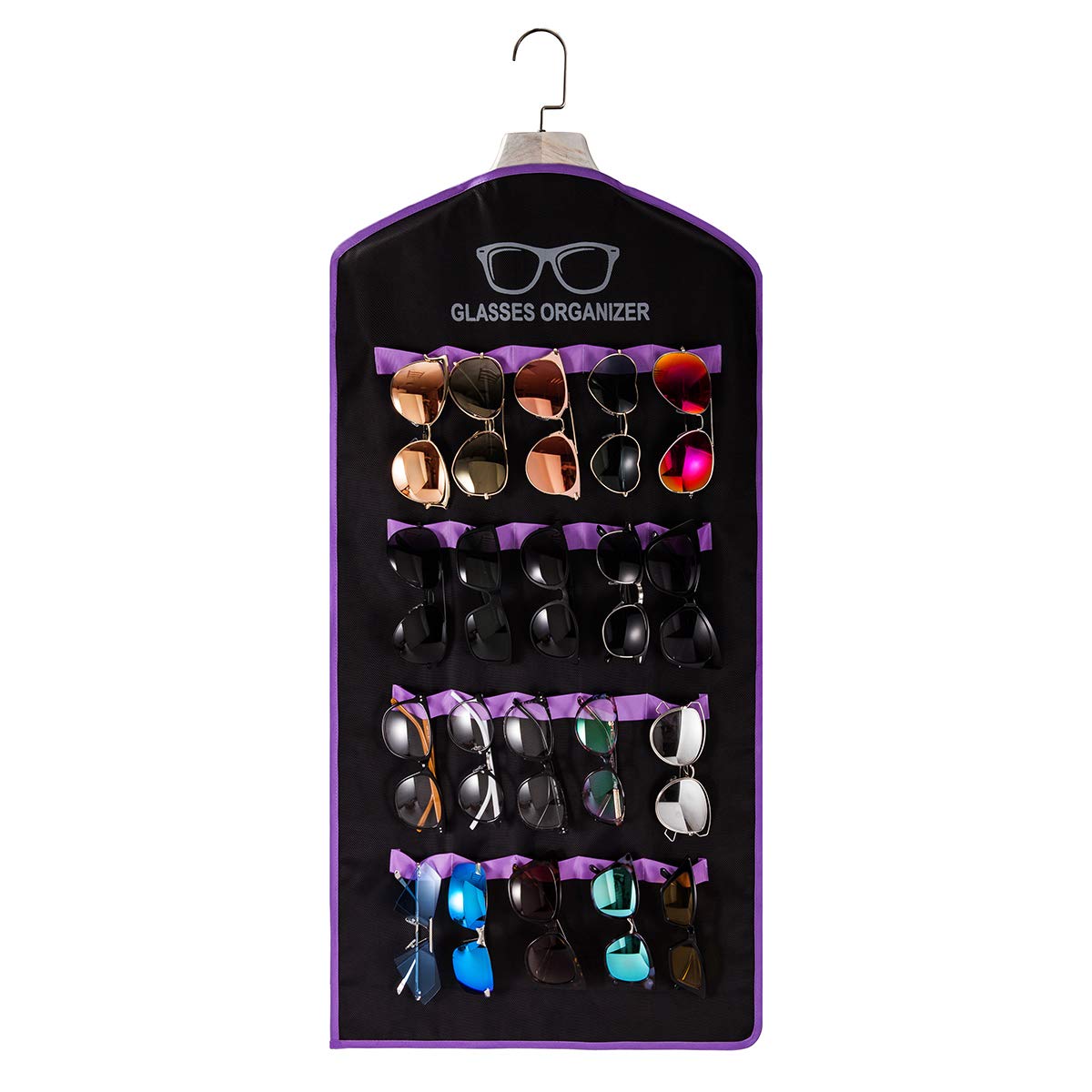 TRIUMPH VISION Black & Purple Wall-Mounted Sunglasses Organizer with 20 Slots - Hanging Glasses Display Stand | Durable Oxford Sunglasses Storage Case for Home, Office, or Retail Store
