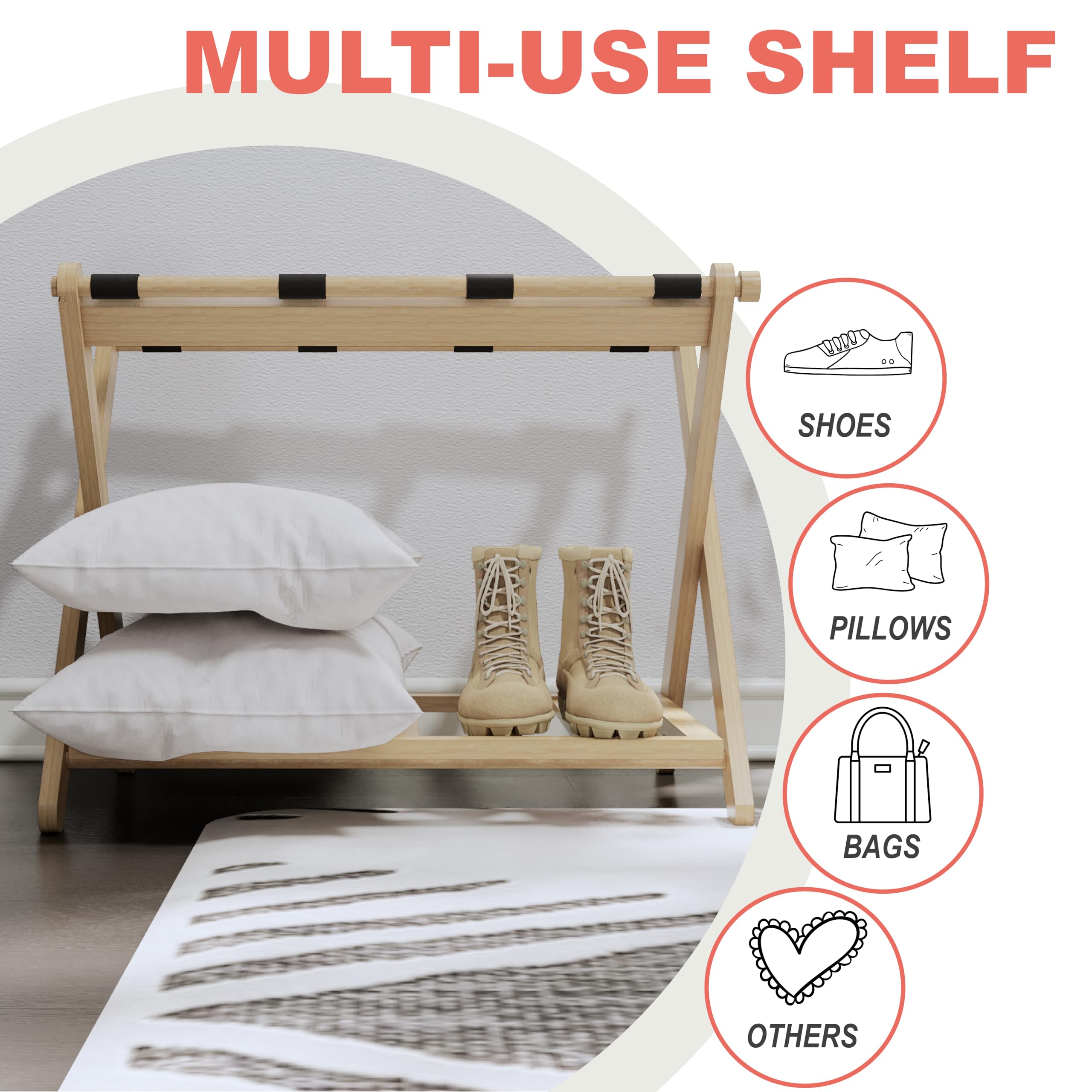Premium Adjustable Height Luggage Rack - Durable Bamboo Suitcase Stand for Hotels, AirBnB & Guest Rooms - Holds 100 lbs, No Assembly Needed - Perfect for Travelers & Home Organization