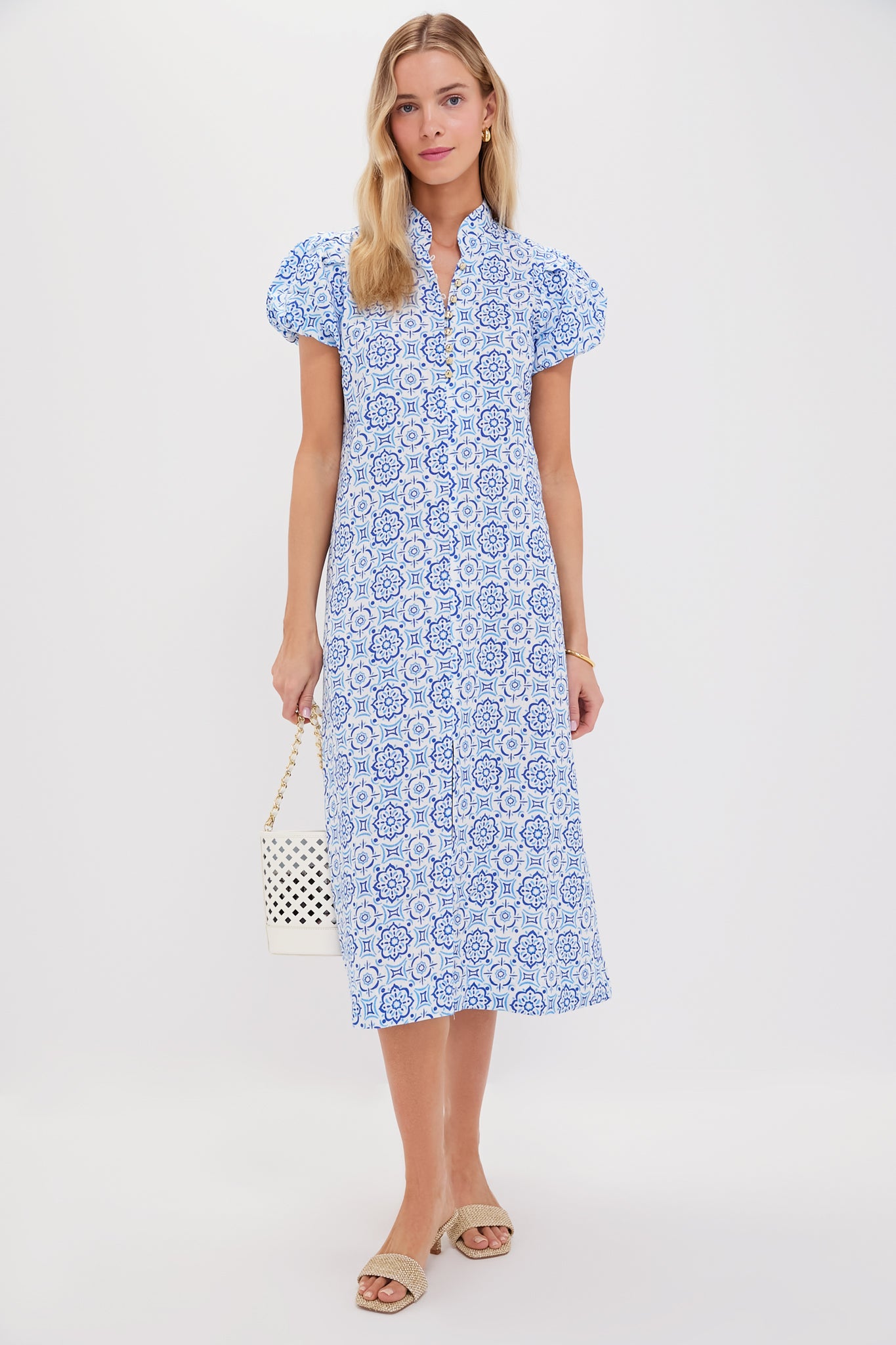 Blue Medallion Puff Sleeve Button Midi Dress - Elegant Floral Print Summer Dress for Women, Perfect for Weddings, Parties & Date Nights
