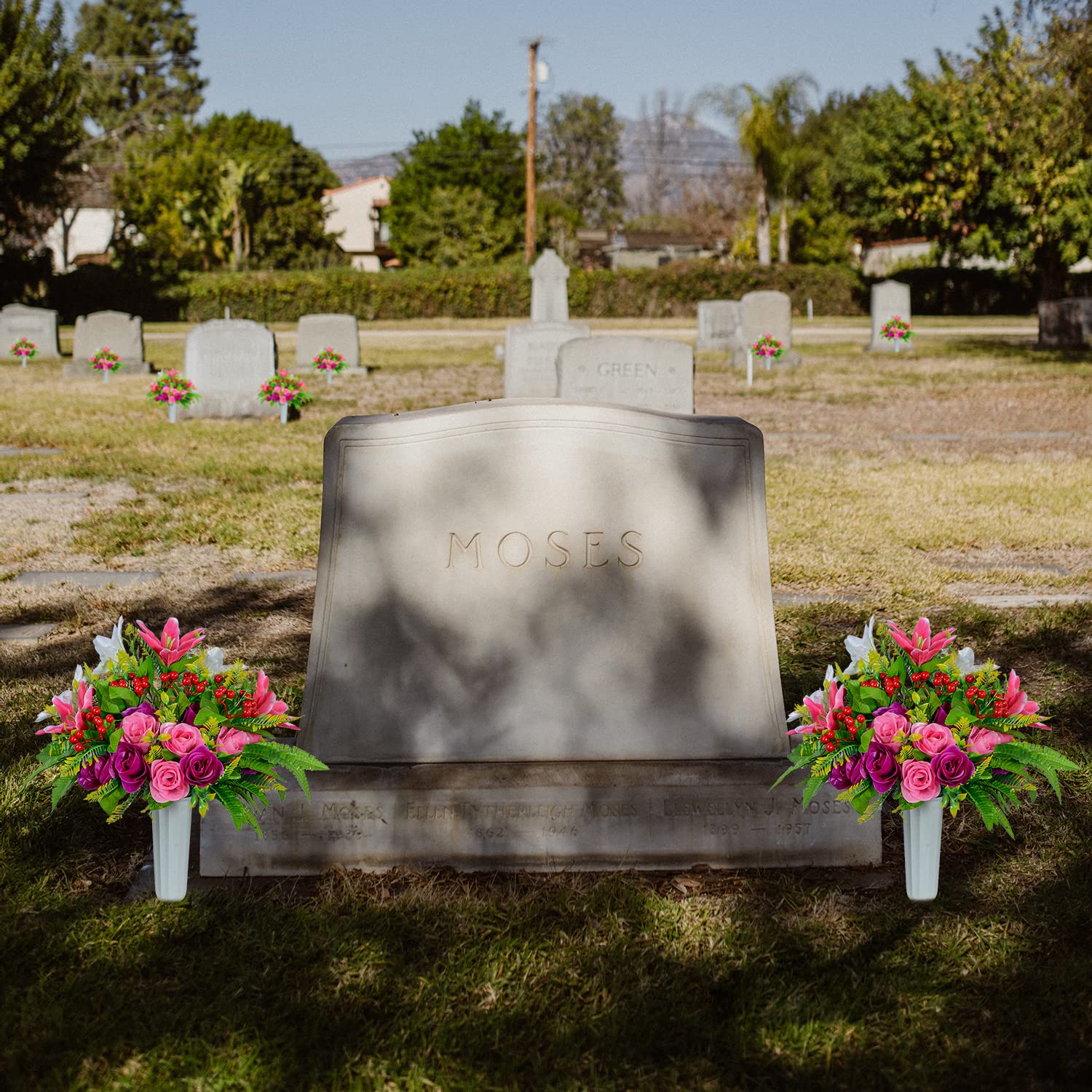 XONOR Artificial Cemetery Flowers with Vase - Set of 2 Rose & Lily Bouquets for Graves, Memorials & Headstone Decorations - Perfect for Graveside Tributes & Cemetery Displays