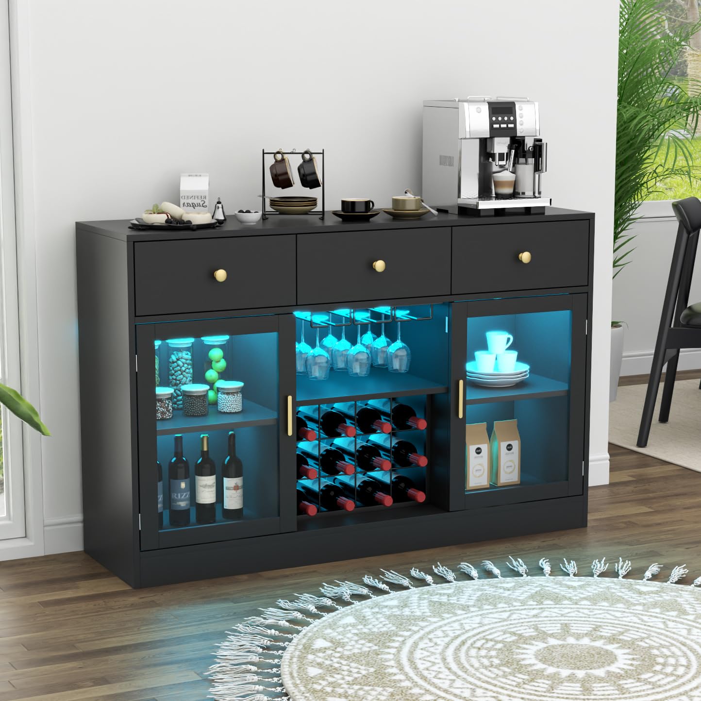 Modern LED Wine Bar Cabinet with Glass Rack & Storage Drawers - Kitchen Buffet Sideboard for Living Room, Dining Room | Perfect for Home Entertaining, Coffee Station & Liquor Display (Black)