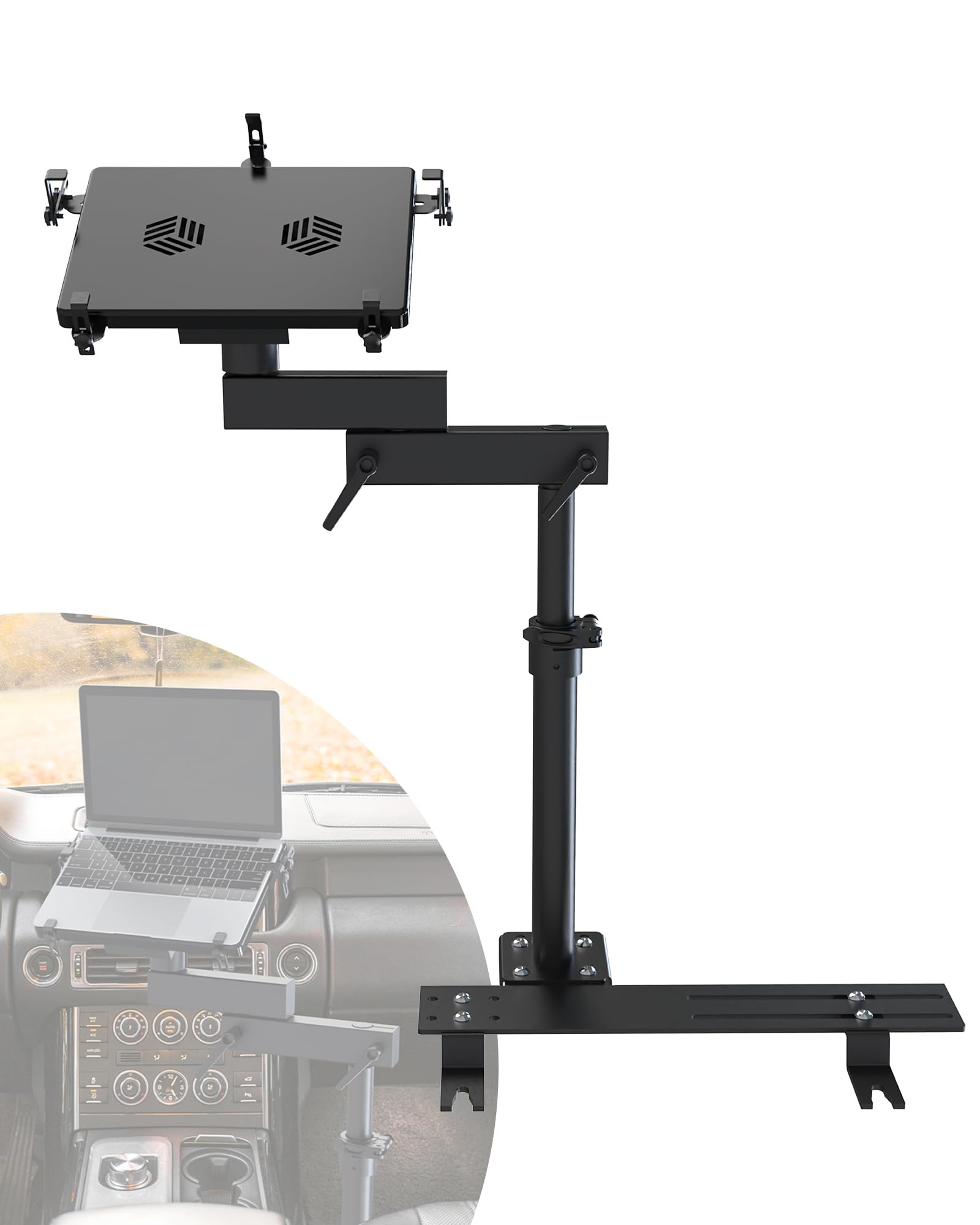 Adjustable No-Drill Aluminum Car Laptop Mount Holder for Vehicles, Trucks & Vans - Secure Workspace for Remote Work, Road Trips & Business Travel