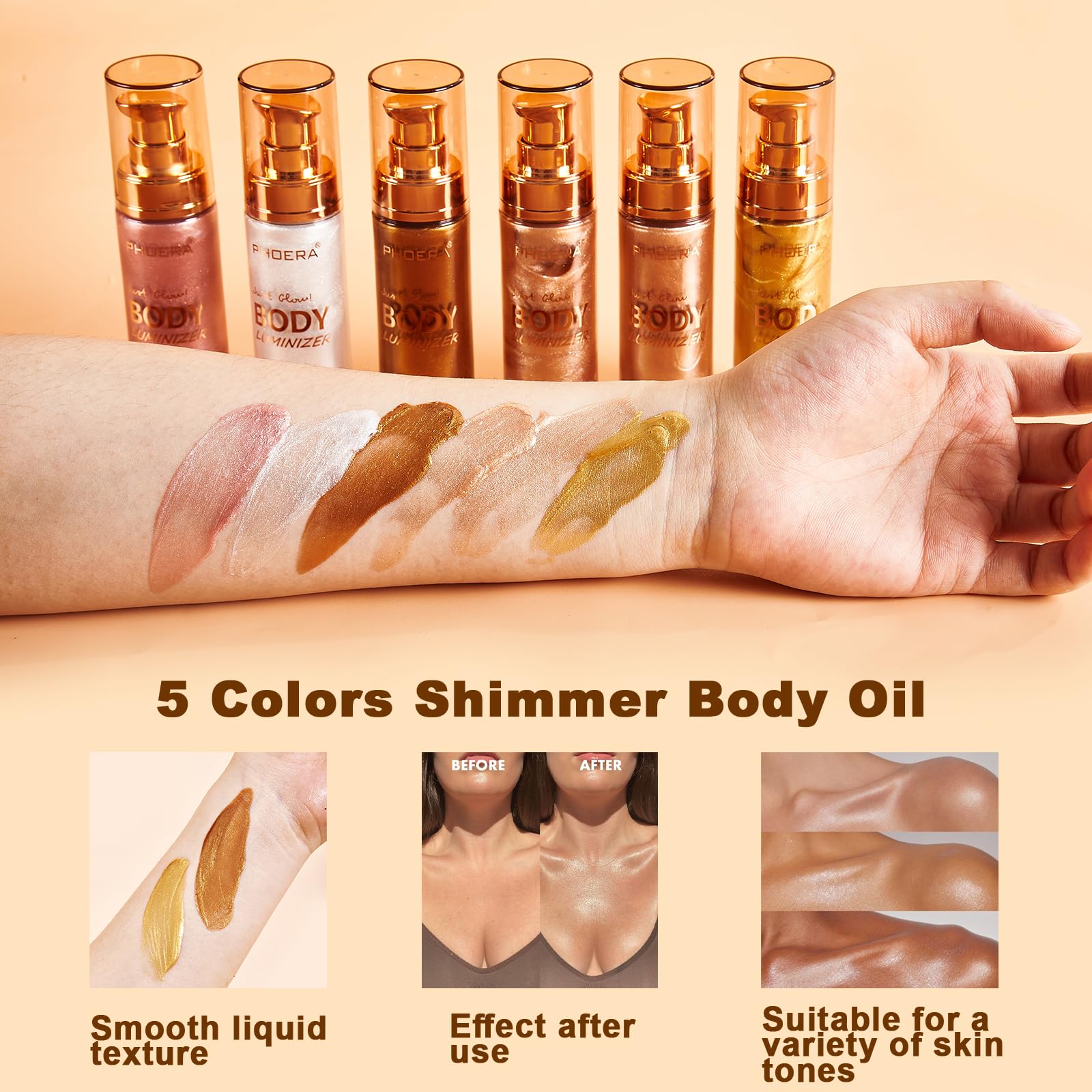 PHOERA Body Shimmer Oil & Bronzer - 2PCS Glistening Bronze Glow Oil with Makeup Brush | Natural Sunless Tanning Lotion for Legs, Face & Body | 1oz/Jar Shimmer Highlighter for Summer, Beach & Party Glow
