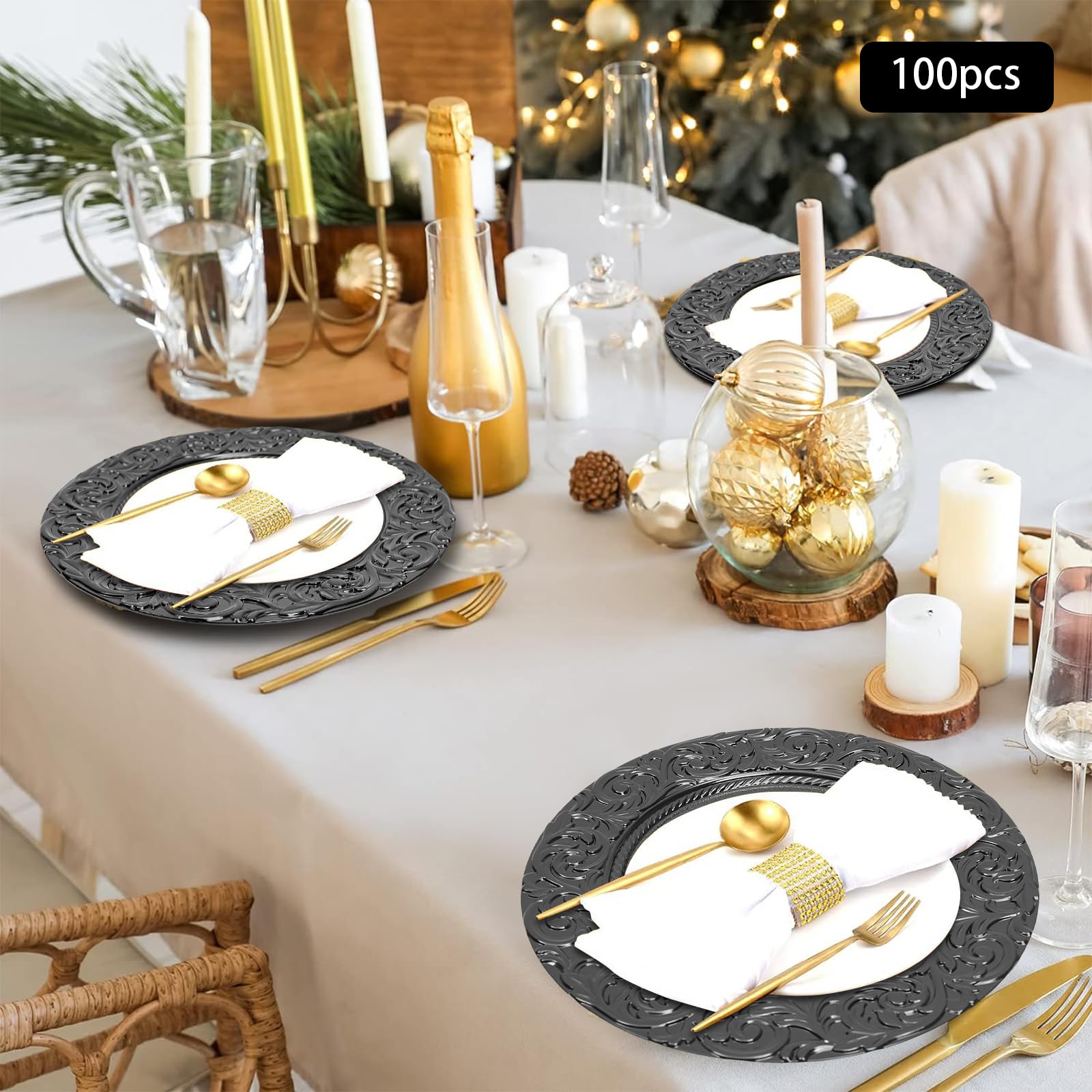 100 Pcs Antique Black Charger Plates - 13 Inch Round Plastic Dinner Plates with Embossed Floral Rim - Bulk Decorative Chargers for Wedding, Banquet & Formal Dining Events - Durable Disposable Server Plates for Parties, Catering & Special Occasions