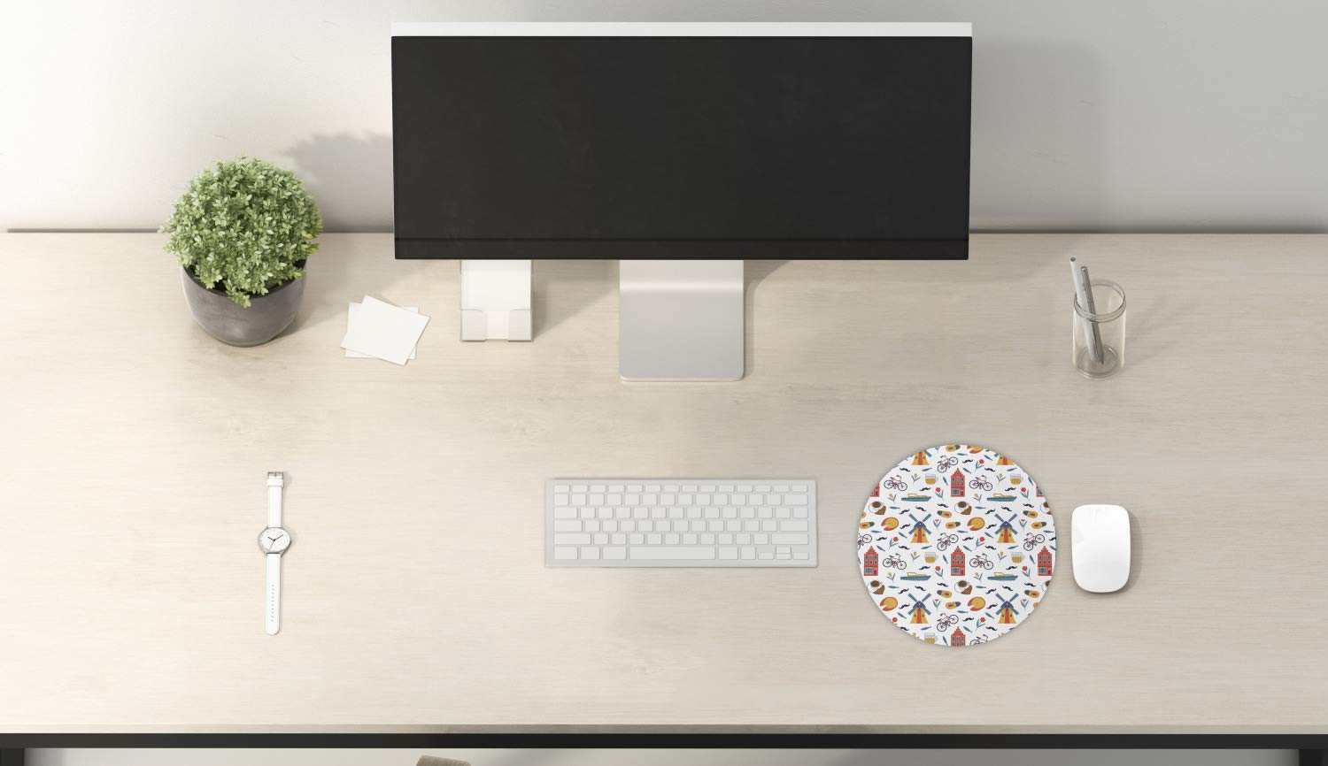 Ambesonne Colorful Round Mouse Pad for Computers & Gaming - Non-Slip Thick Rubber Base with Dutch Motifs Design - 8 Inch White & Multicolor - Perfect for Office, Home & Gaming Setups