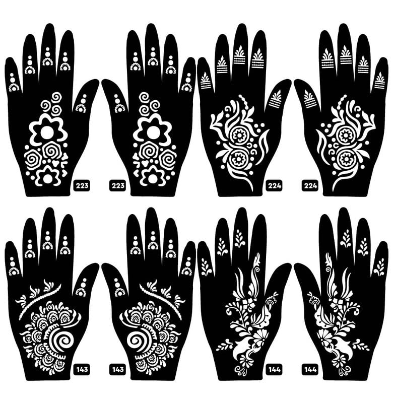 Apcute 8-Piece Henna Stencil Kit for Hands - Easy Mehndi Design Templates for Girls, Women & Kids | Quick DIY Mehndi Art | Perfect for Weddings, Parties & Festivals (Design-Set8-B-223-224-143-144)