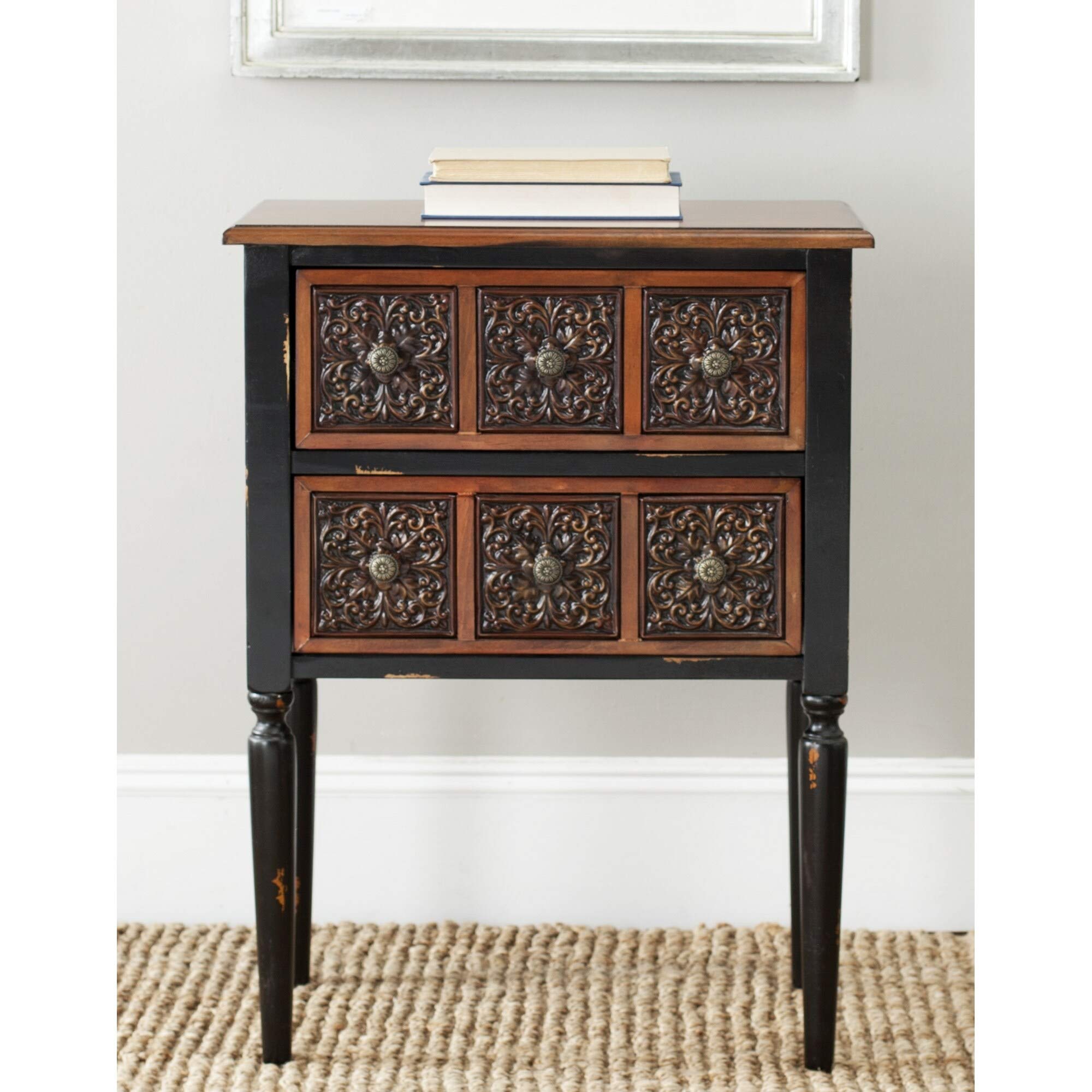Vintage Dark Brown Wooden Side Table with Lacquered Drawers - 22.5