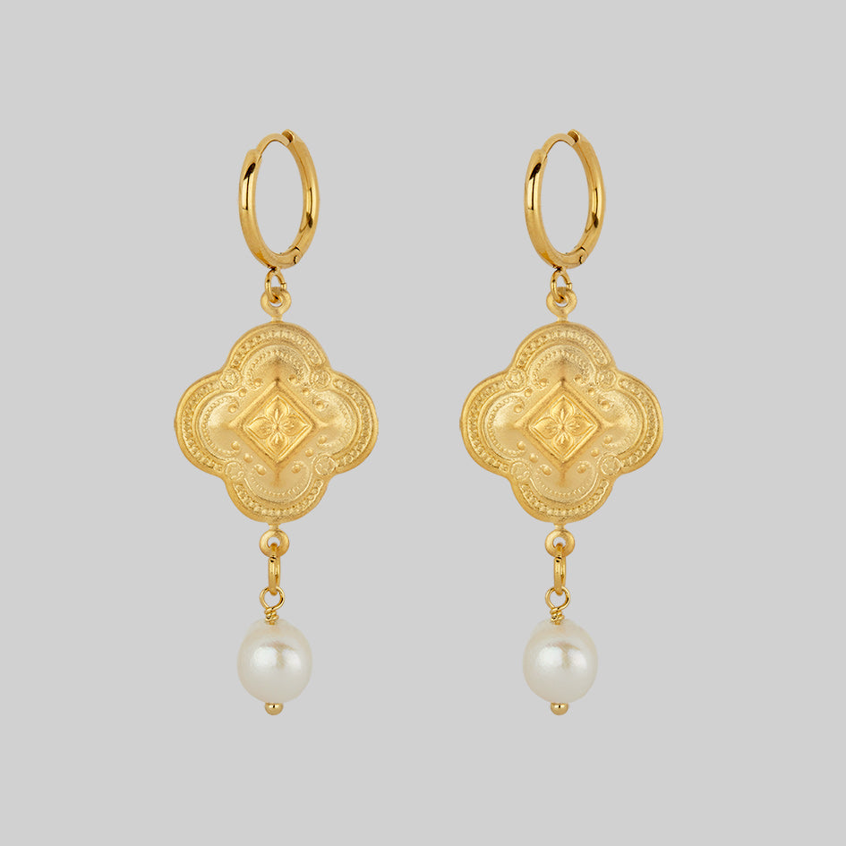 REALM Quatrefoil Pearl Hoop Earrings - 14K Gold Plated Dangle Earrings for Women, Elegant Pearl Jewelry Gift for Birthday, Anniversary & Special Occasions
