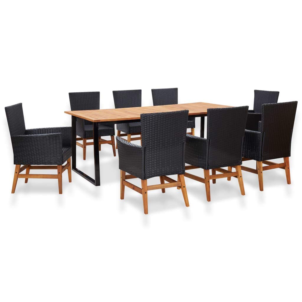 9-Piece Outdoor Patio Dining Set with Acacia Wood Table & Cushioned Chairs - Waterproof Poly Rattan Garden Furniture for Backyard, Poolside & Terrace Dining