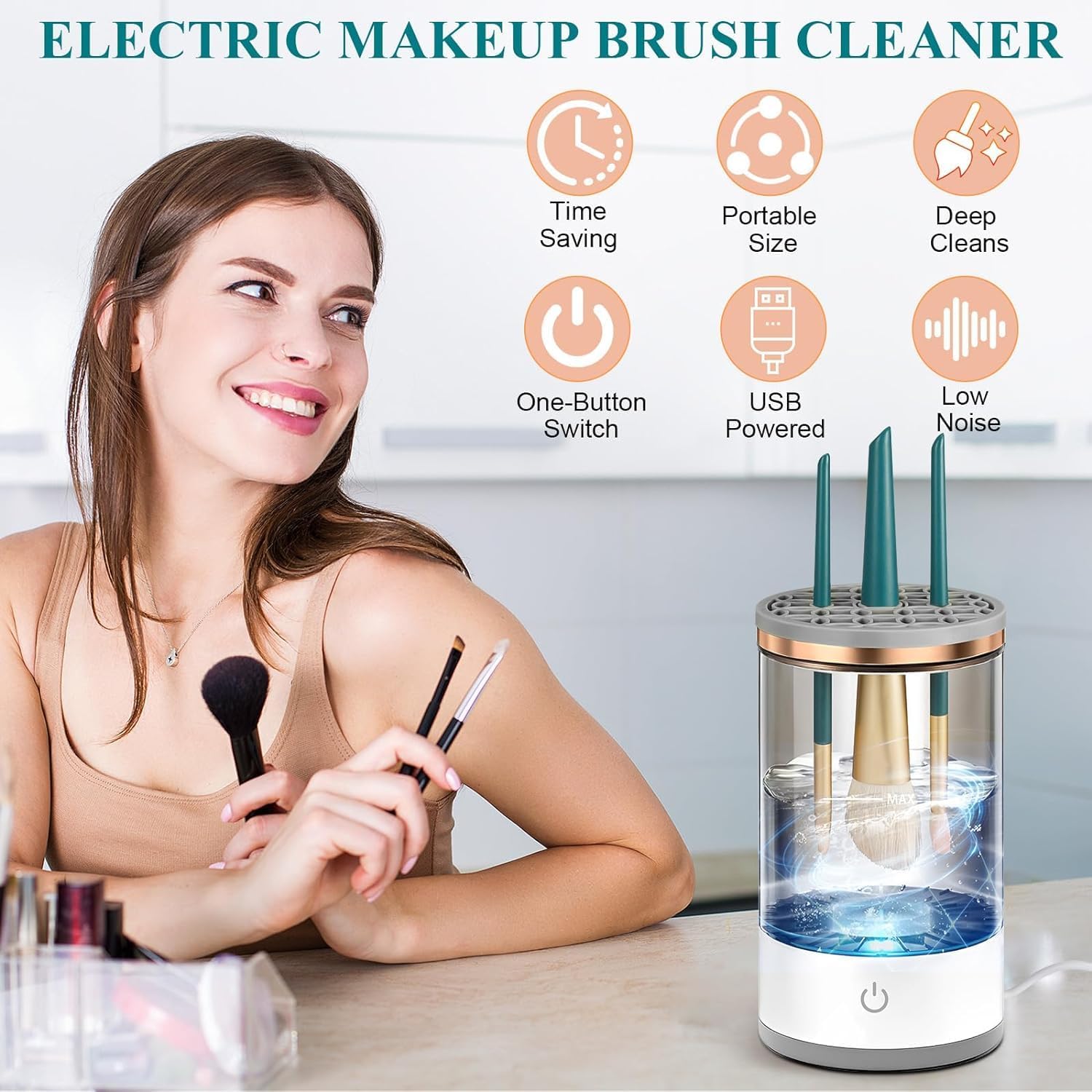 Automatic Makeup Brush Cleaner Machine - USB Powered Spinning Blender for Deep Cleaning All Size Cosmetic Brushes | Women's Beauty Tool for Daily Makeup Brush Care & Professional Salon Use