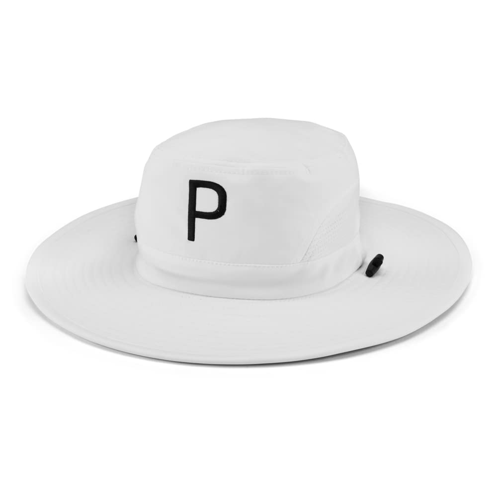 Puma Golf Men's Aussie P Bucket Hat - Breathable Sun Protection, Adjustable Strap, Bright White, One Size Fits Most - Perfect for Golf, Beach, Fishing & Outdoor Activities