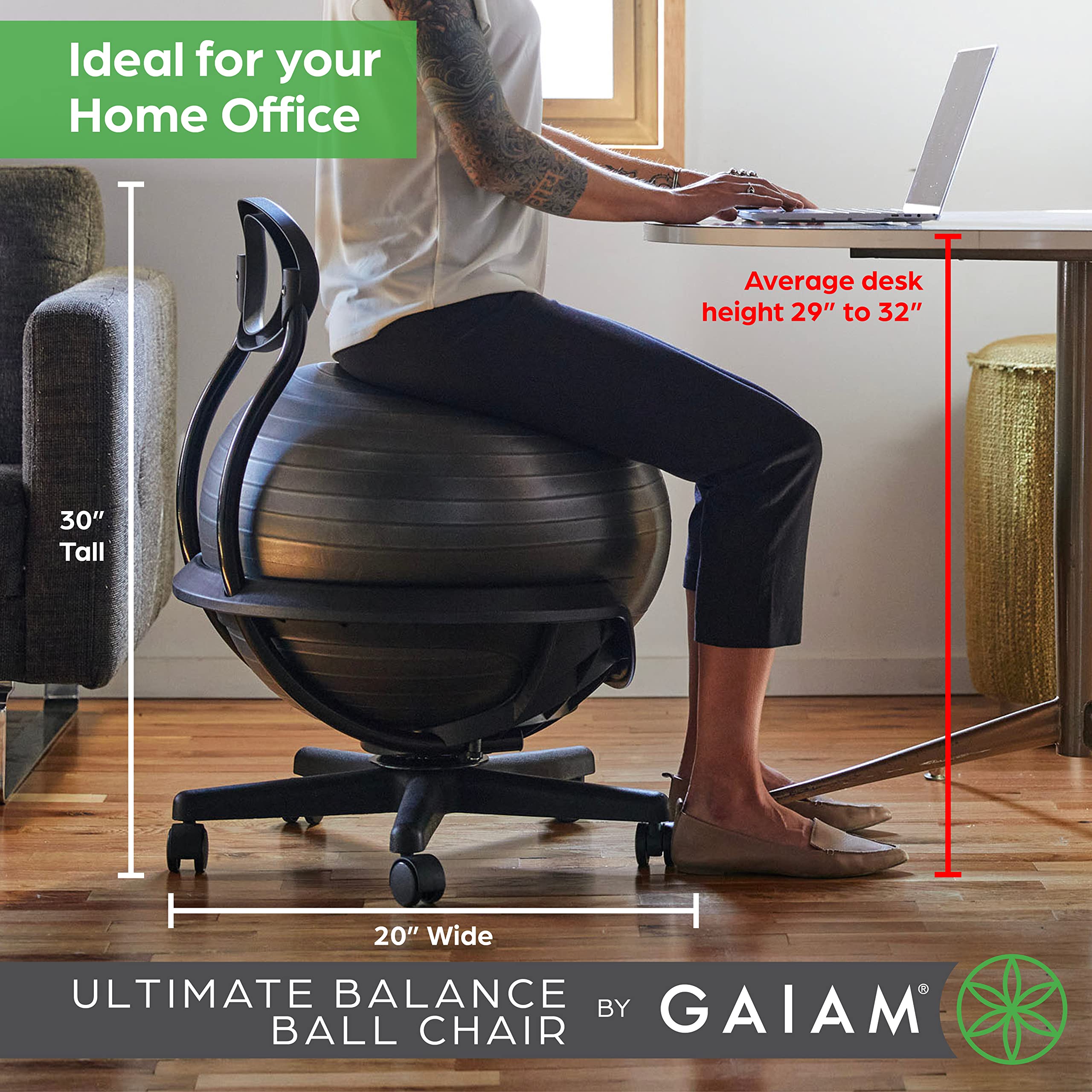 Gaiam Ultimate Balance Ball Chair with Swivel or Standard Base - 52cm Anti-Burst Stability Ball for Yoga, Exercise & Ergonomic Office/Home Desk Seating - Includes Air Pump & Workout Guide - Perfect for Active Sitting, Core Workouts & Posture Improvement