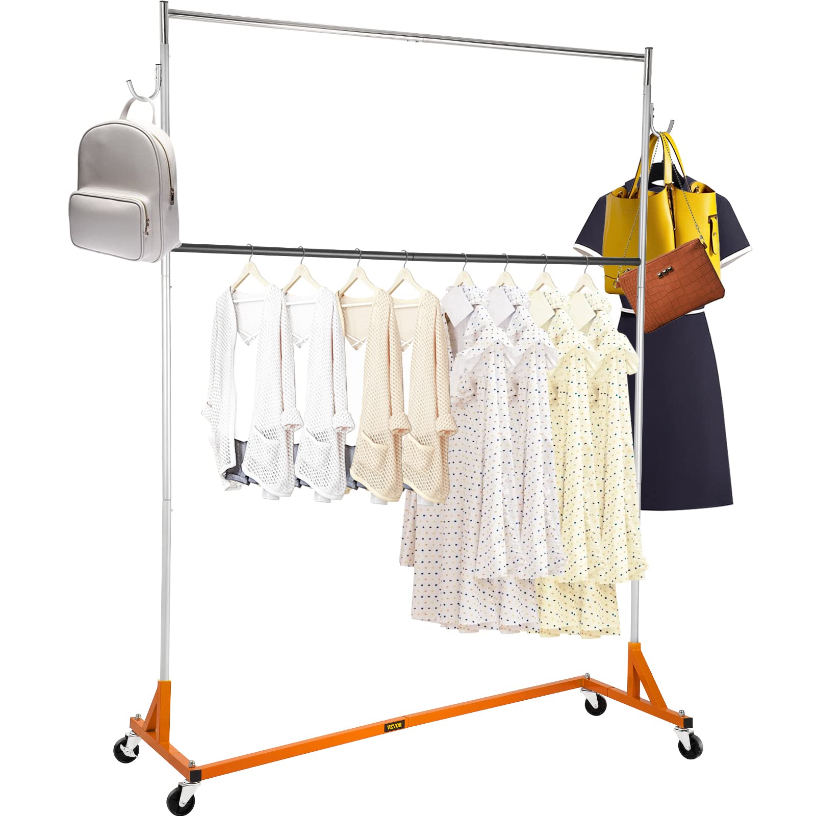 VEVOR Heavy Duty Industrial Z Rack - 300 lbs Capacity Adjustable Garment Rack with Lockable Wheels, 24x62x85 Inches for Clothing Store, Home, Warehouse | Commercial Use, Retail Display, Laundry Organization (Orange)