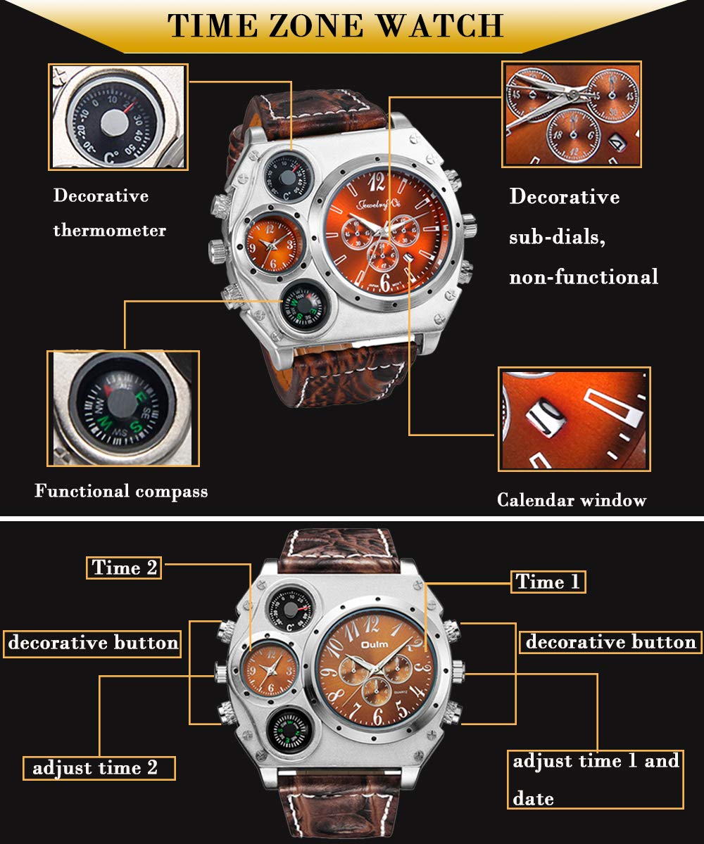 **Men's Military Wrist Watch - Large Face, Dual Time Zone, Brown Leather Strap, Analog Display - Perfect for Outdoor Adventures, Travel & Casual Wear**