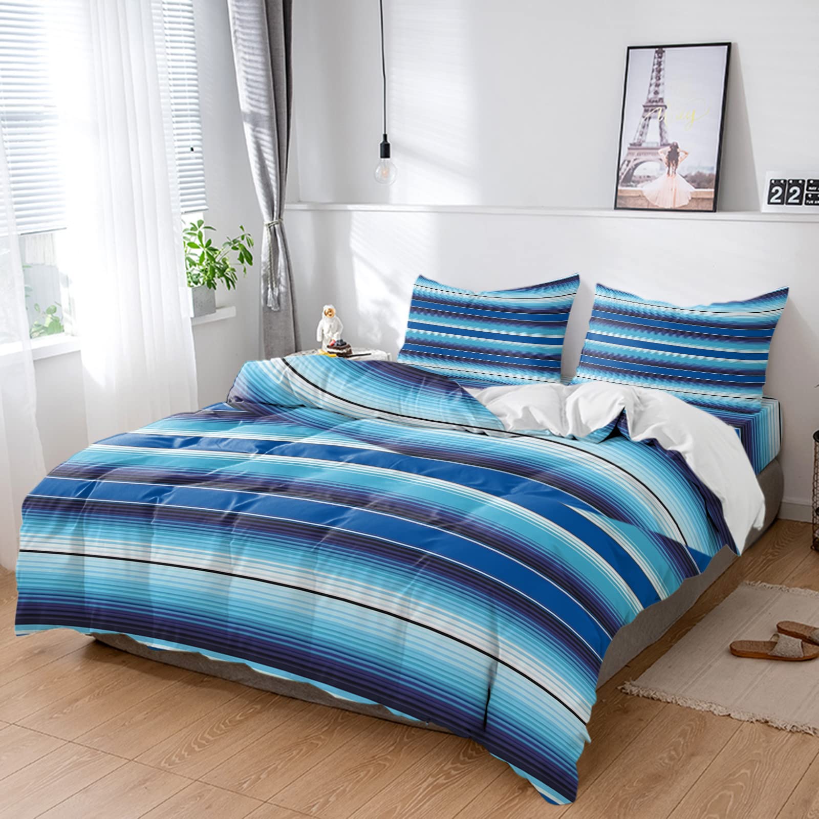 4 Piece California King Bedding Set - Mexican Blue White Black Striped Duvet Cover, Flat Sheet & 2 Pillowcases | Soft Ethnic Style Textured Comforter Cover for Adults, Teens & Kids Bedroom Decor | Perfect for Guest Rooms, Master Bedrooms & Dorm Rooms
