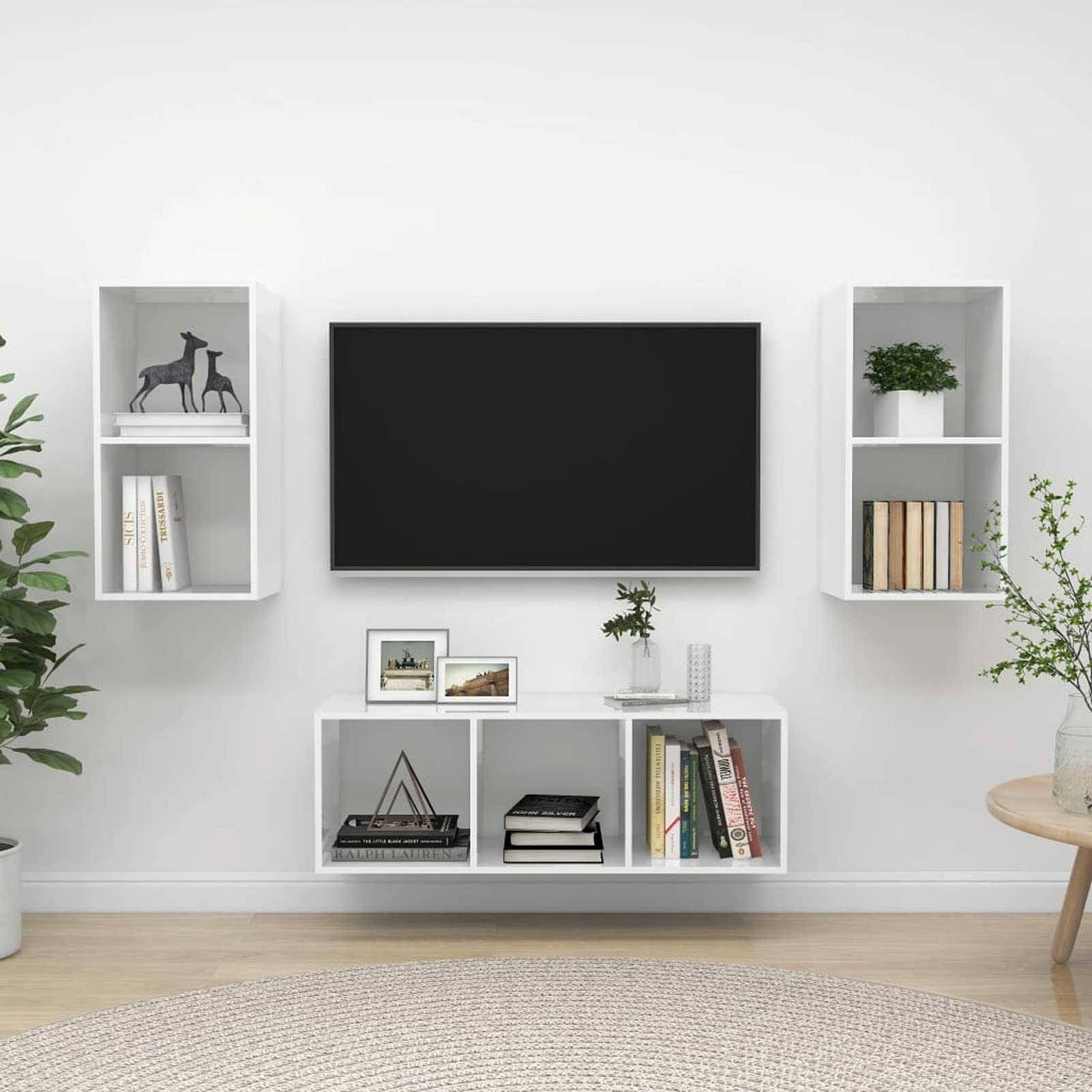 3 Piece TV Cabinet Set - Classic High Gloss White Entertainment Center with Storage | Modern TV Stand for Living Room, Bedroom & Home Theater Organization