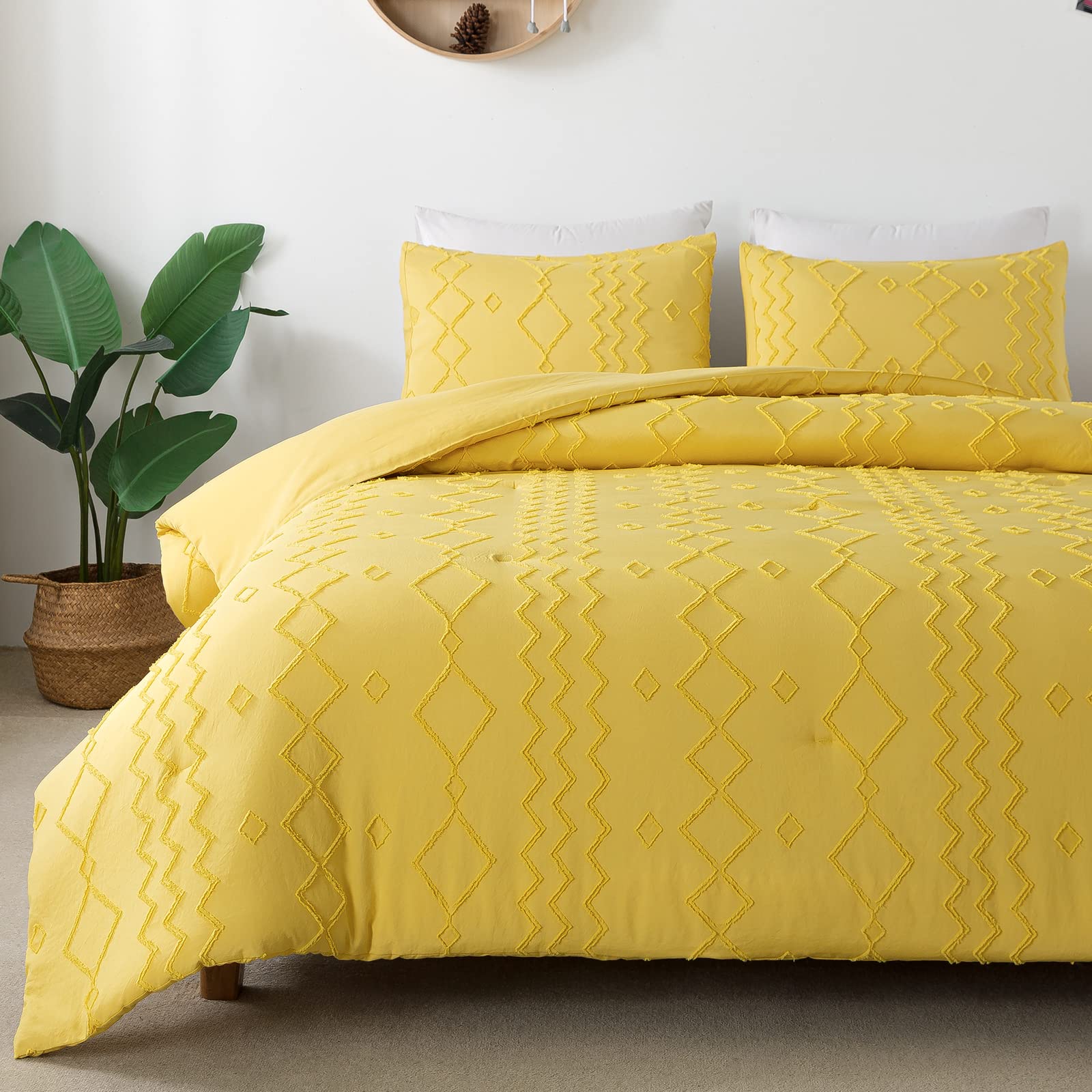 Andency Yellow Tufted Comforter Set Full Size (79x90 Inch) - 3 Piece Boho Farmhouse Bedding with Geometric Design | Soft Microfiber Down Alternative Comforter & Pillowcases | Perfect for Guest Rooms, Dorm Decor or Cozy Bedroom Makeover