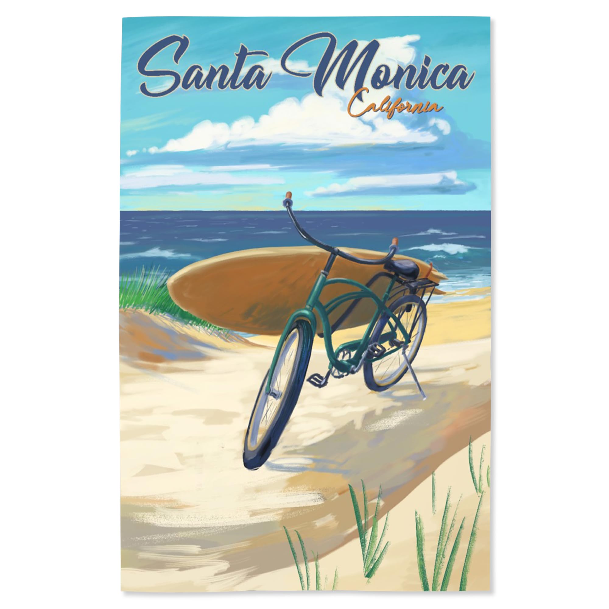 Lantern Press 16x24 Inch Giclee Art Print - Santa Monica California Beach Scene with Vintage Cruiser Bike & Surfboard - Perfect for Coastal Home Decor & Beach House Wall Art
