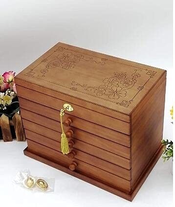 6-Tier Wooden Jewelry Box with Mirror & Lock - Jewelry Storage Cabinet for Rings, Necklaces, Watches - Perfect for Bedroom, Closet & Travel Organization (Brown)