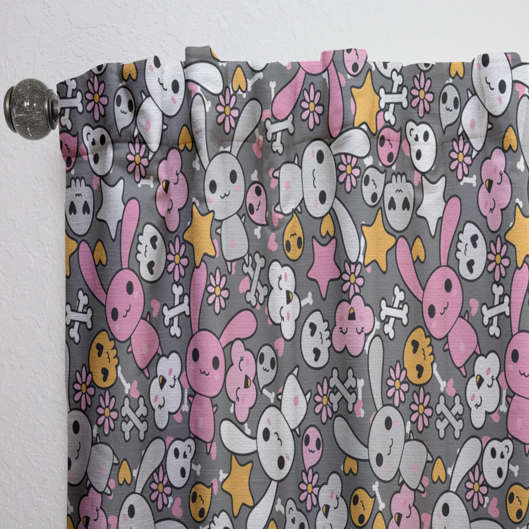 DesignQ 'Little Rabbit Kawaii with Pink Flowers' Thermal Insulated Curtains - 52x120 Single Panel for Bedroom & Living Room - Cute Nursery Decor, Girls Room Aesthetic, Cozy Home Drapes