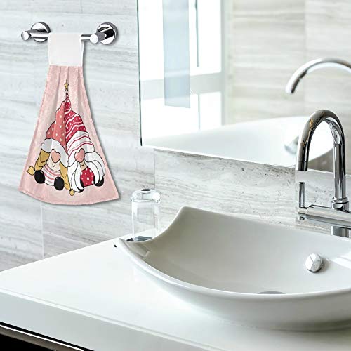 Valentine's Day Gnome Kitchen Hand Towels - 2PCS Pink Hanging Dishcloths with Loop, Soft Super Absorbent Fingertip Towels for Bathroom, Washroom, Guestroom & Hotel (12x17 inches) - Perfect for Valentine's Decor, Wedding Gifts & Kitchen Accessories