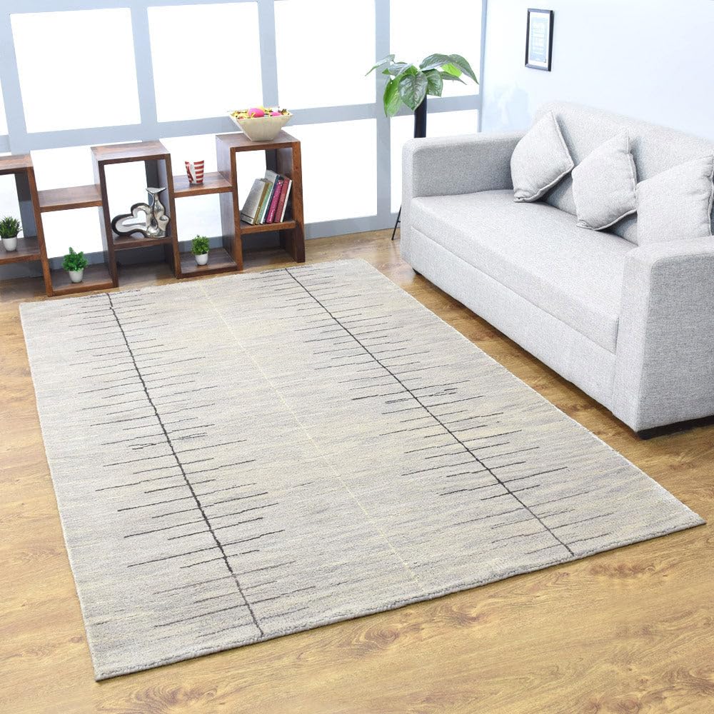 Hand Knotted Wool Abstract Area Rugs 5'x8' - Modern Rectangle Brown & White Medium Pile Handmade Rug for Living Room, Bedroom, Office | Soft & Durable Home Decor (N00943)