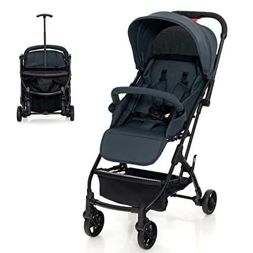 HONEY JOY Lightweight Foldable Baby Stroller - One-Hand Fold, Adjustable Canopy, Backrest & Footrest, Compact Travel Stroller with Storage Basket - Ideal for Airplane Travel, Toddler Walks & Everyday Use (Black)