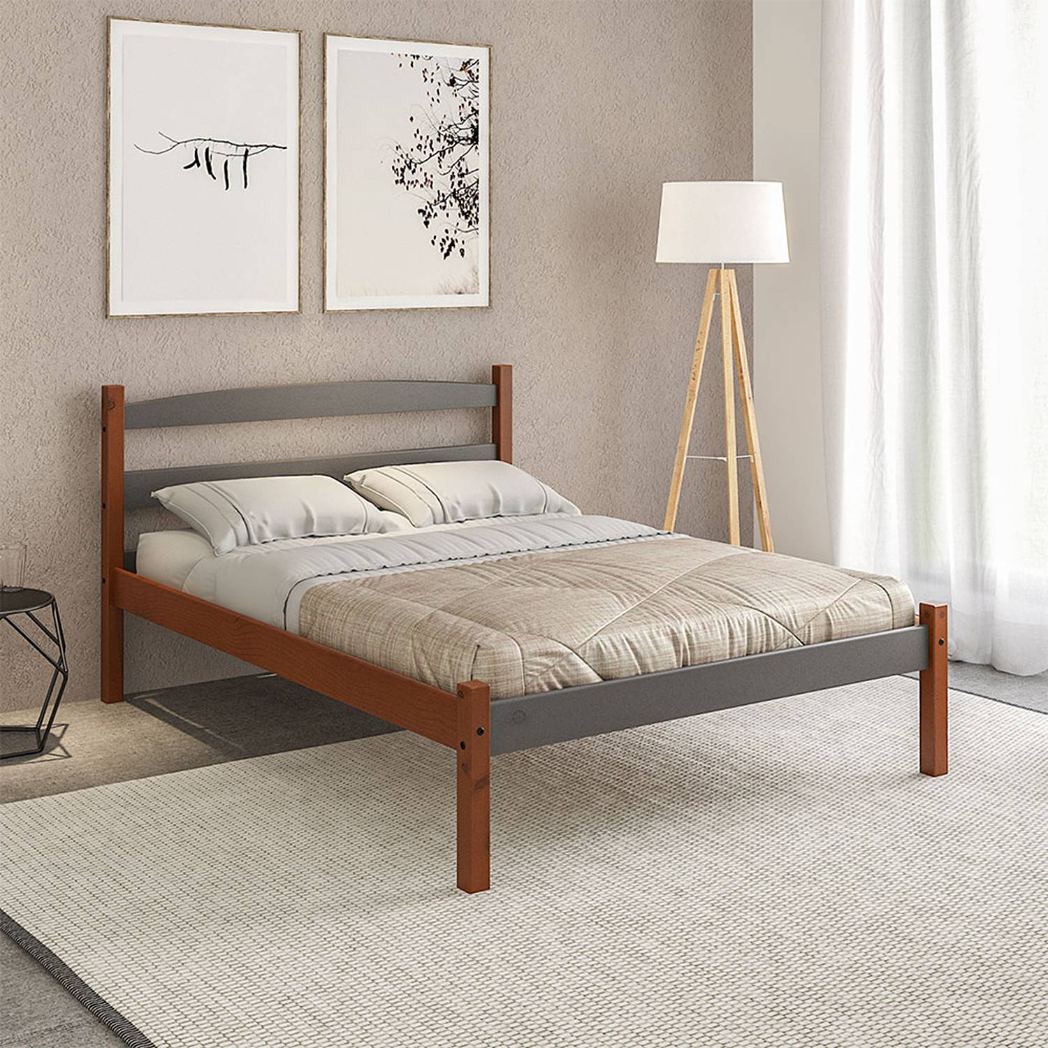 Delta Acacia & Gray Bed Frame 147x96cm for Double Mattress 140x190cm with Headboard - Perfect for Modern Bedrooms & Guest Rooms