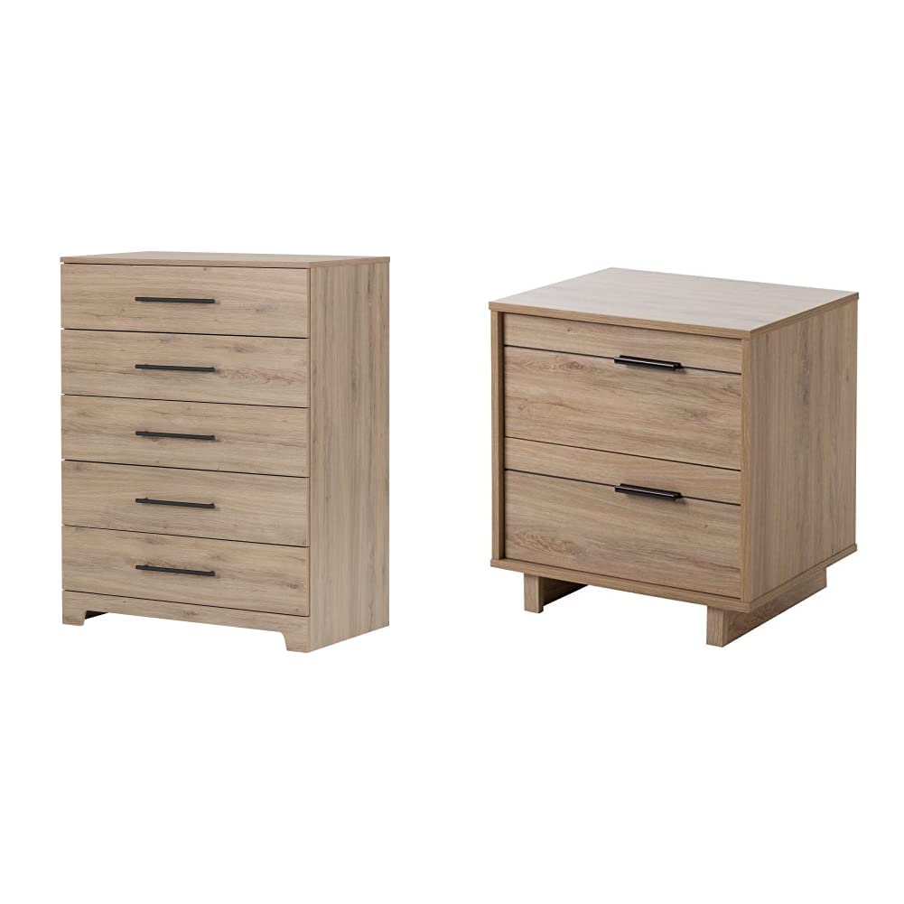 South Shore Primo 5-Drawer Dresser & Fynn 2-Drawer Nightstand Set in Rustic Oak with Nickel Finish Handles - Perfect for Bedroom Furniture and Home Organization