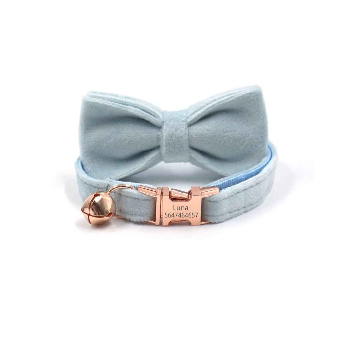 Custom Personalized Cat Collar - Adjustable Velvet Kitten Collar with Bell & Bow Tie - Engraved Nameplate for Small Cats & Puppies (16-26cm Neck, Blue) - Perfect for Gifts, Pet Parties & Daily Walks