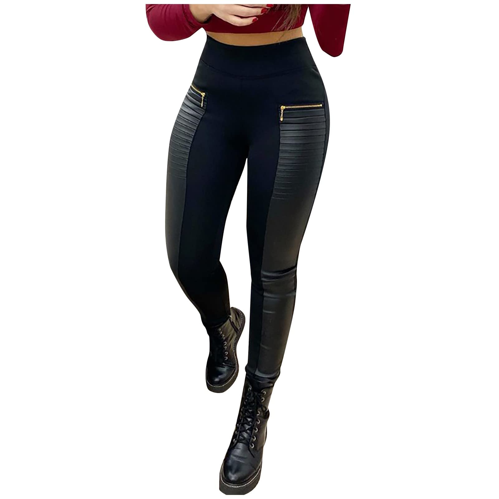 Trendy Women's Faux Leather High Waist Wide Leg Pants with Zipper Detail & Contrast Stitching - Stylish Black Trousers for Night Out, Party & Office | Perfect for Club, Date Night, Business Casual & Evening Events | Great for Work Attire, Fashion Statement Outfits & Stylish Occasions | Ideal for Fall & Winter Wardrobe, Holiday Parties & Professional Settings