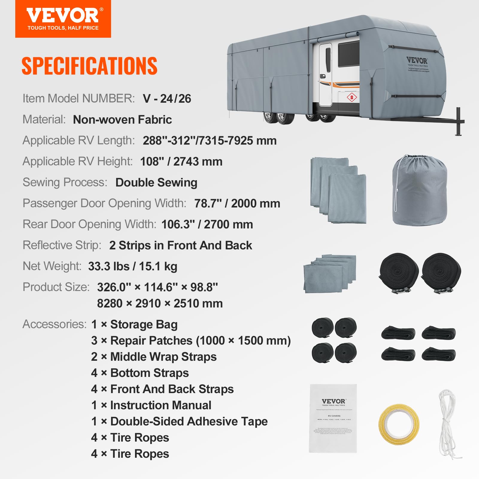 VEVOR 24-26' RV Travel Trailer Cover - 4-Layer Waterproof Windproof Camper Cover with Storage Bag | Heavy Duty Rip-Stop Non-Woven Fabric for Class A Motorhomes | Perfect for Outdoor Storage & Winter Protection