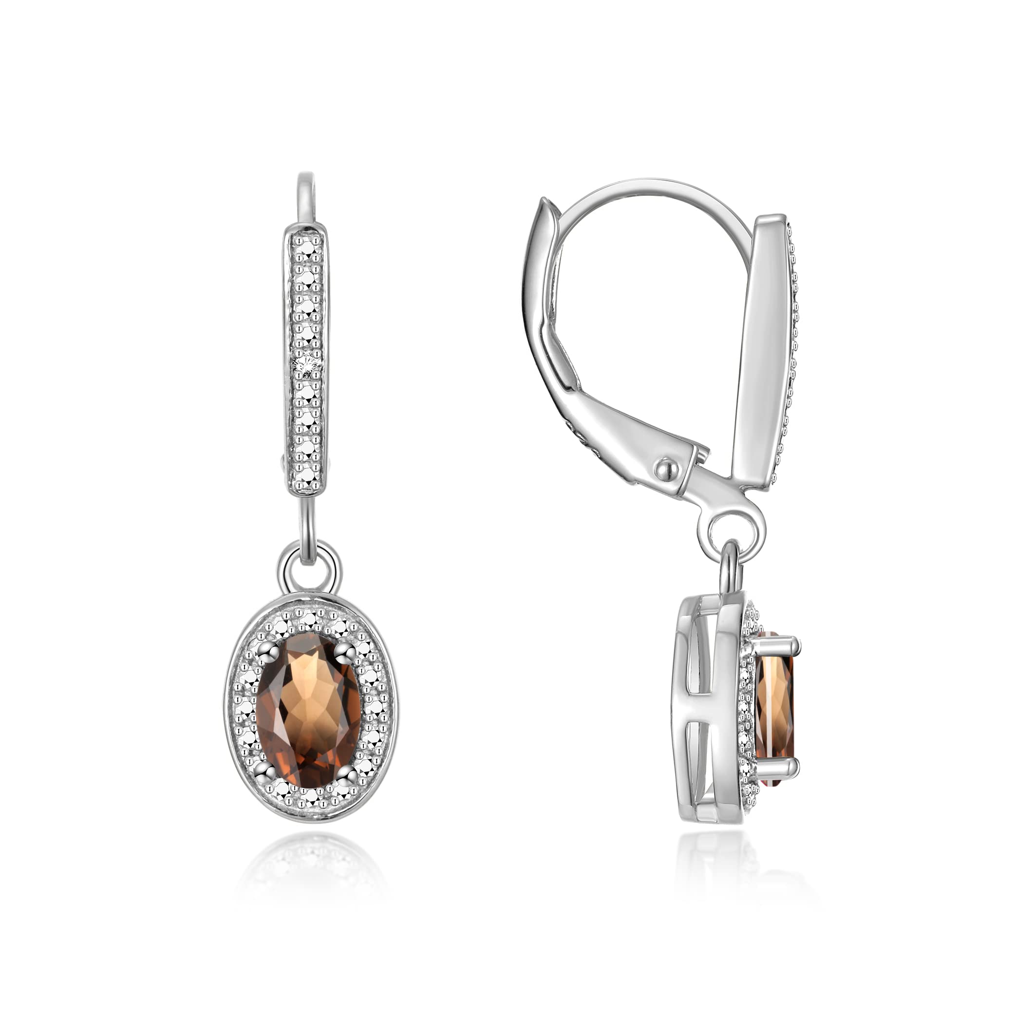 RYLOS Women's Sterling Silver Dangling Earrings - Oval Shape Gemstone & Diamond Accents - 6X4MM Birthstone Jewelry for Gifts, Anniversary & Everyday Wear - Elegant Color Stone Earrings for Women