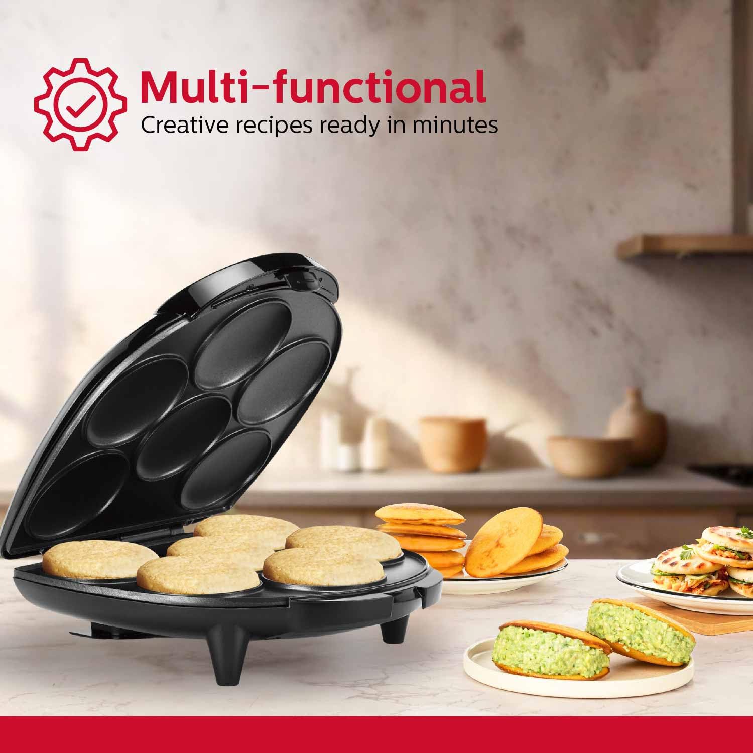 Holstein Housewares Non-Stick 6-Section Arepa Maker - Perfect for Arepas, Pancakes, Corncakes & Tosti Arepa - Easy-to-Use Electric Griddle - 6-Piece Set in Black - Ideal for Breakfast, Brunch & Latin American Cuisine