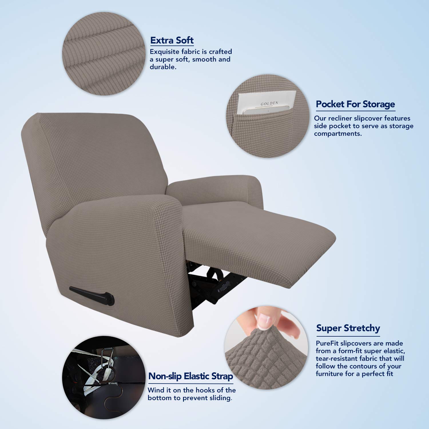 PureFit Stretch Recliner Sofa Slipcover with Pocket - Spandex Jacquard Non-Slip Sofa Cover, Washable Elastic Furniture Protector for Living Room, Recliner Chairs (Taupe) | Perfect for Pets, Kids & Family Gatherings