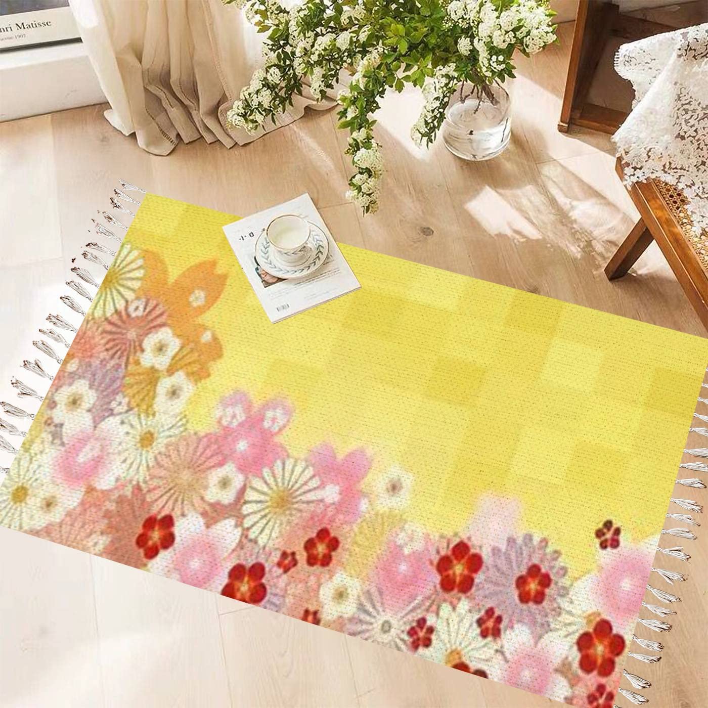 Vintage Cotton & Linen Tassel Rug with Cherry Blossom Design - Japanese Boho Style Washable Area Rug for Kitchen, Bathroom, Bedroom & Outdoor Use - Non-Slip Woven Runner Mat Perfect for Home Decor