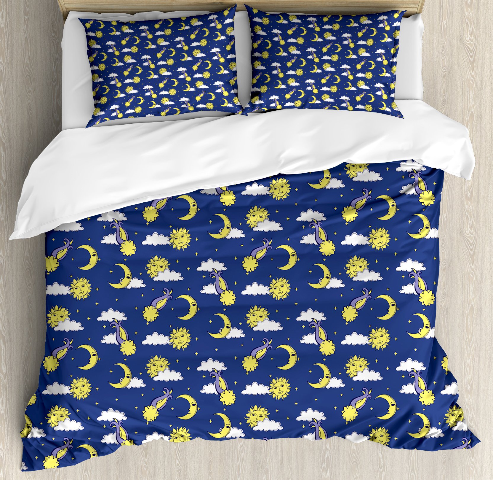 Lunarable Sun and Moon Duvet Cover Set - King Size 3-Piece Bedding with Comets, Clouds & Star Motifs in Navy Blue Lavender | Night Sky Heavenly Bodies Design for Cozy Bedroom Decor
