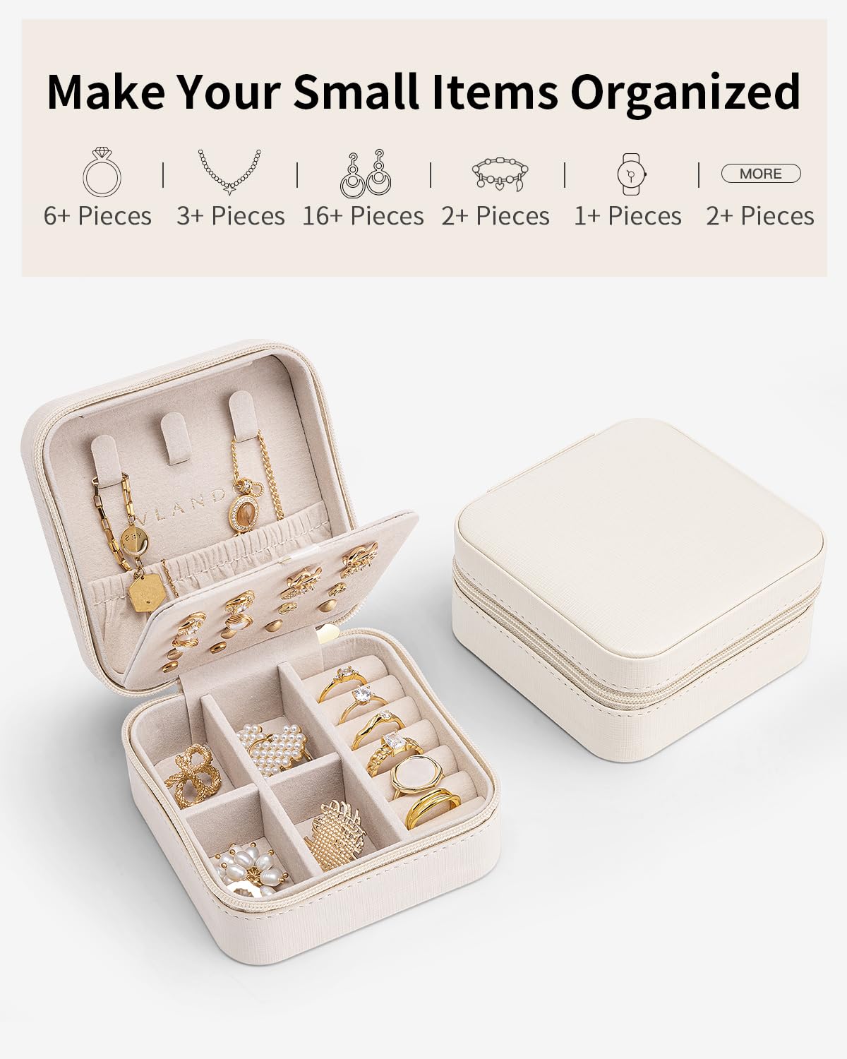 Vlando Travel Jewelry Organizer Box - Compact Jewelry Case for Women & Girls, Portable Jewelry Storage for Necklaces, Rings & Earrings - Perfect for Vacation, Business Trips & Daily Use - White