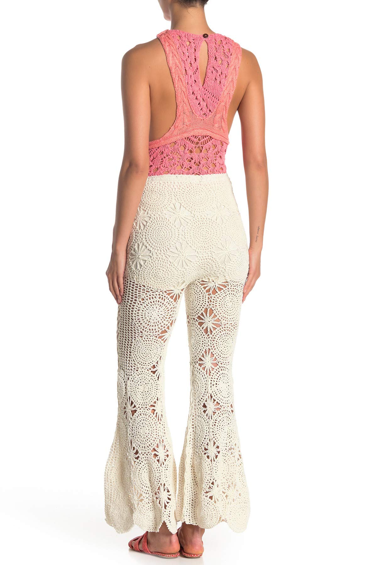 Free People Women's Dragonfly Crochet Flare Pants Ivory - Boho Chic Hippie Pants for Summer Festivals, Beach Vacations & Yoga