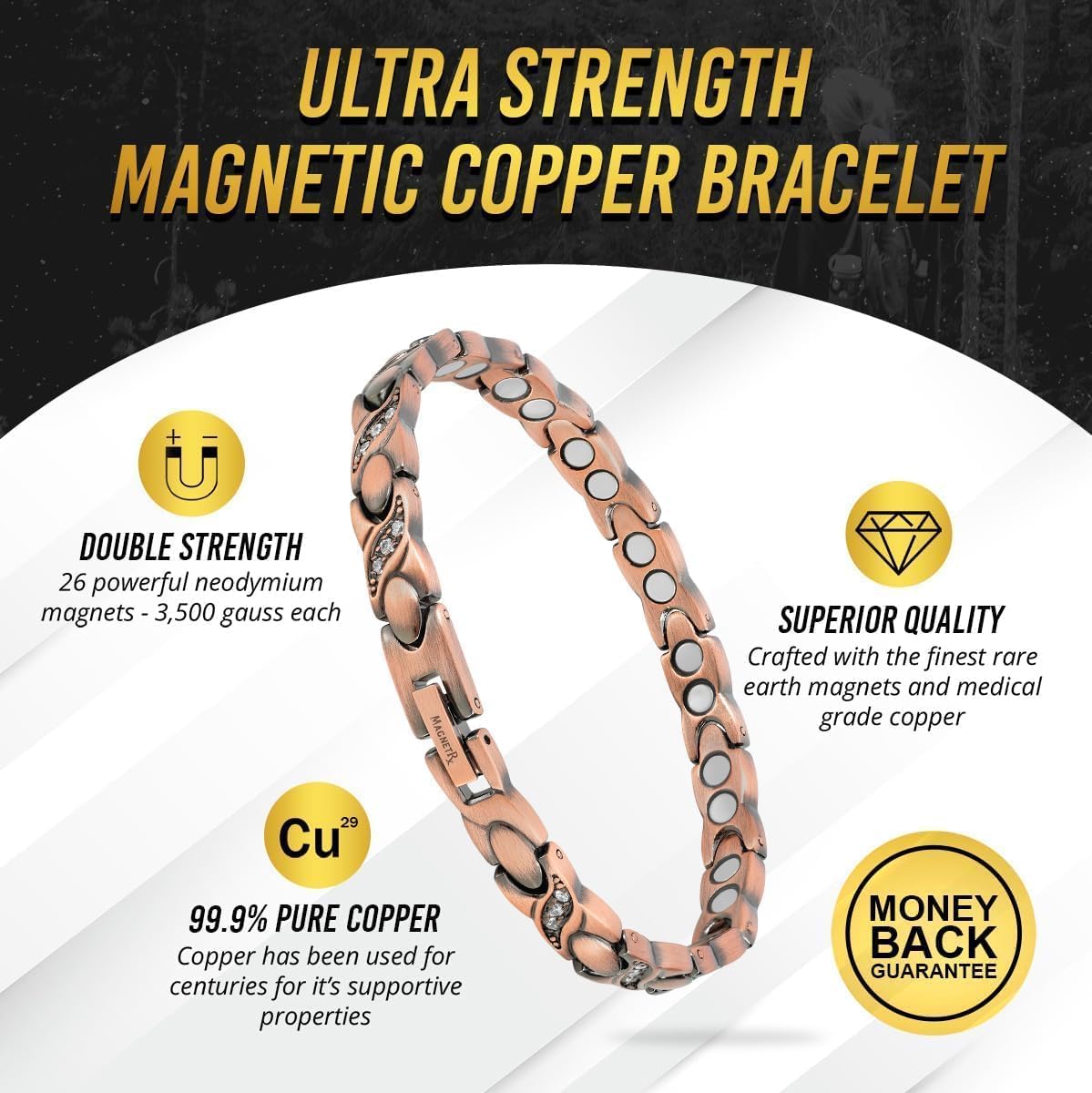 MagnetRX Copper Magnetic Bracelet for Women – Adjustable Ultra Strength Crystal Bracelet with Sizing Tool – Pain Relief & Arthritis Support – Perfect for Daily Wear & Wellness (Crystal XO Style)