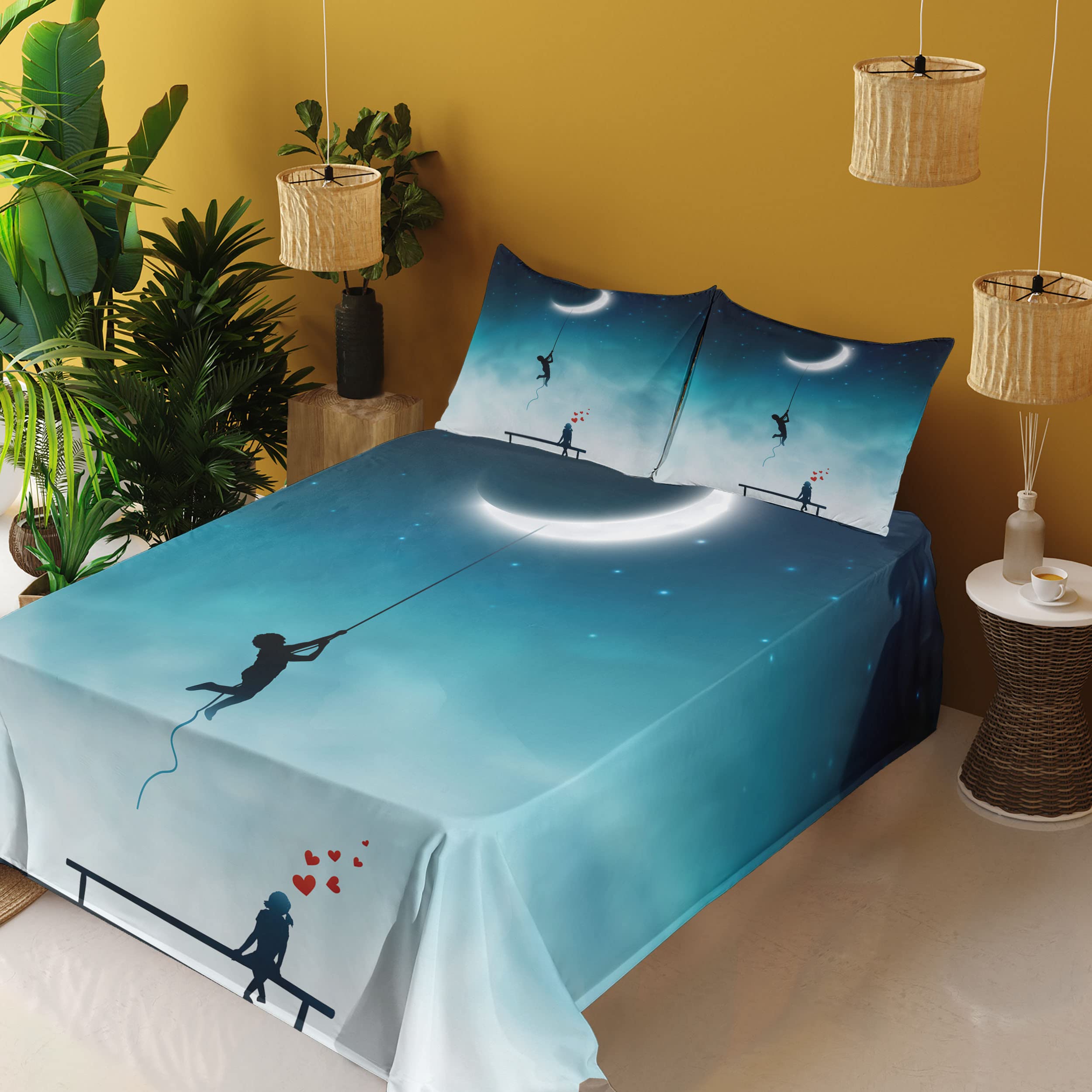 Ambesonne Fantasy Bed Sheet Set 4-Piece - King Size, Teal & White, Fitted & Flat Sheets with Pillowcases - Romantic Moon Climbing Boy & Bench Girl Art Design - Perfect for Couples' Bedrooms, Guest Rooms & Cozy Home Decor