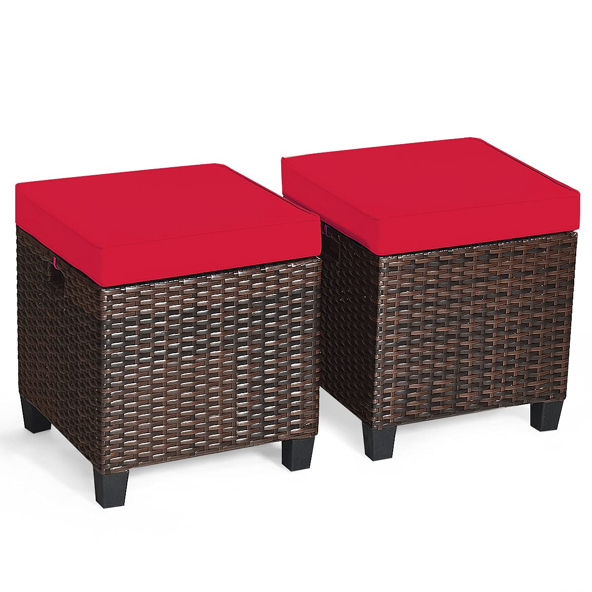 HAPPYGRILL 2-Piece Outdoor Patio Ottoman Set - Rattan Wicker Footstool with Removable Cushions, Durable Patio Furniture for Garden, Poolside, and Deck Relaxation