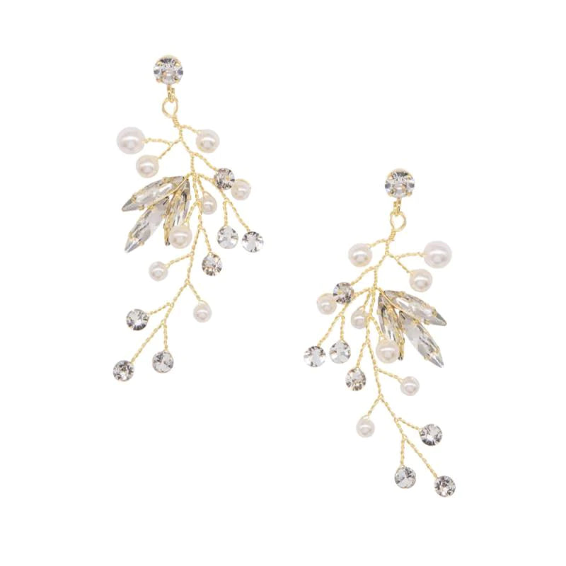 Crystal and Pearl Vine Drop Earrings - Gold, Rose Gold & Silver Bridal Jewelry for Weddings, Parties & Special Occasions